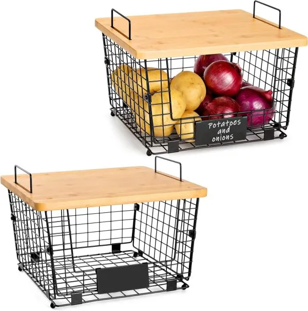 2 Set Stackable Wire Basket with Bamboo Top - Kitchen Counter, Pantry Organizer and Storage - Produce Onion Potato Fruits Vegs Bread Food Snack Spice Organizing Bin for Cabinet Shelf Countertop Floor