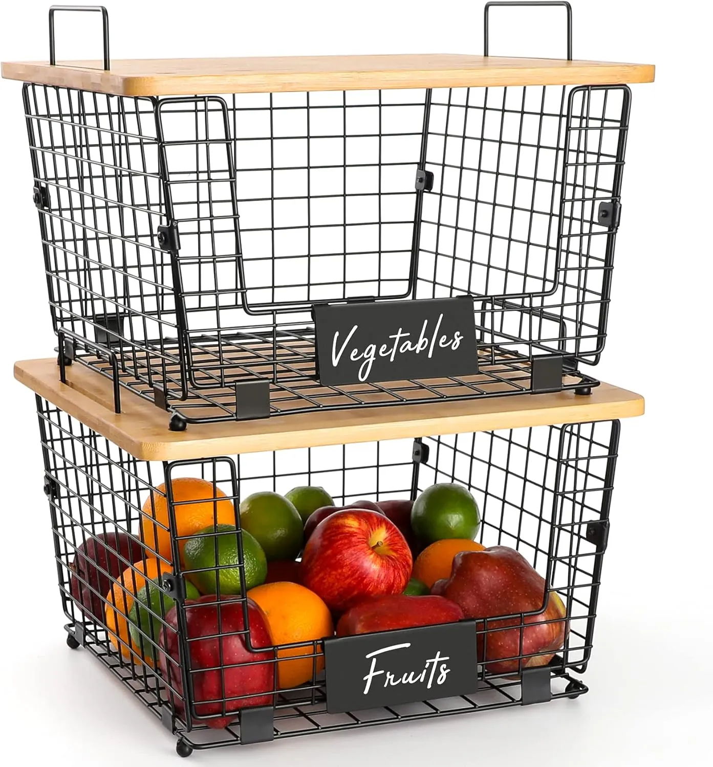 2 Set Stackable Wire Basket with Bamboo Top - Kitchen Counter, Pantry Organizer and Storage - Produce Onion Potato Fruits Vegs Bread Food Snack Spice Organizing Bin for Cabinet Shelf Countertop Floor - Image 2