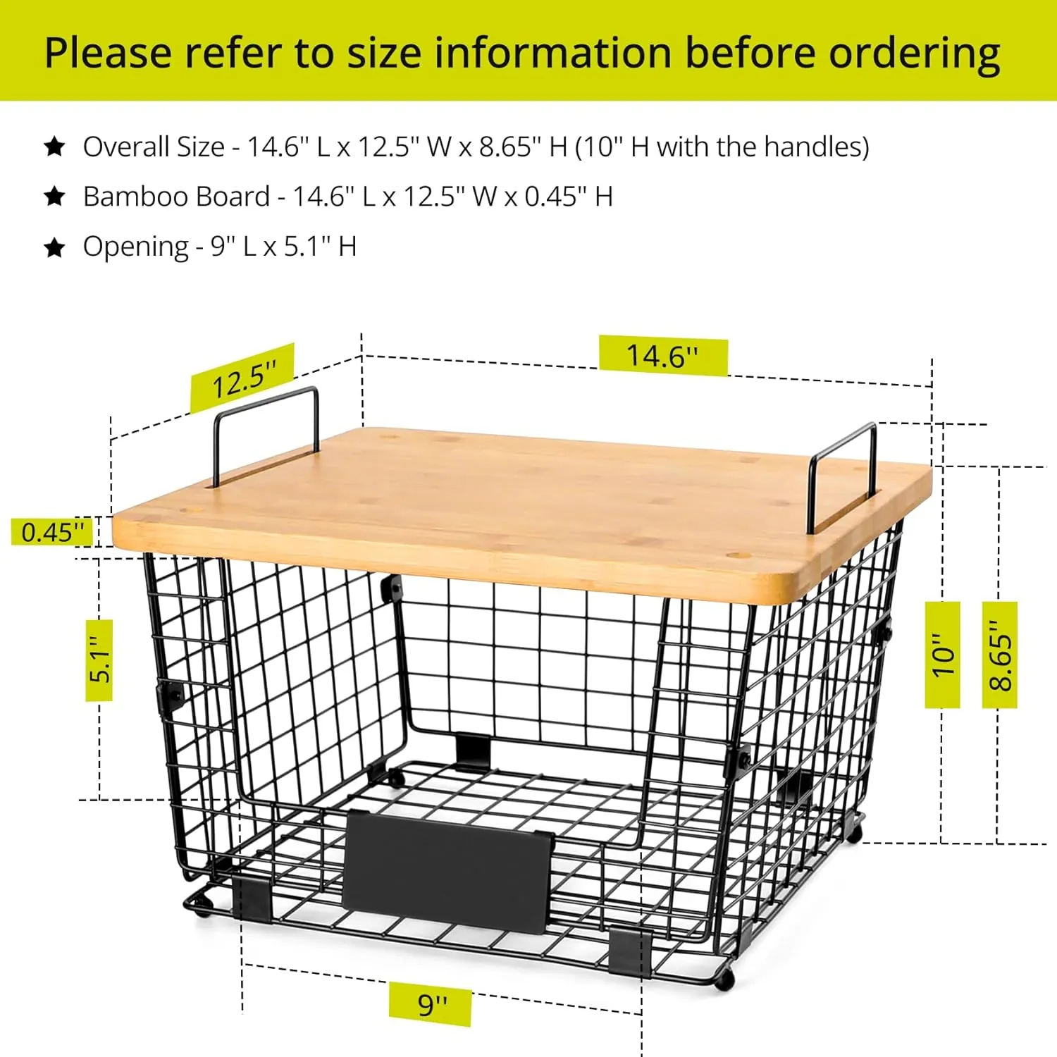 2 Set Stackable Wire Basket with Bamboo Top - Kitchen Counter, Pantry Organizer and Storage - Produce Onion Potato Fruits Vegs Bread Food Snack Spice Organizing Bin for Cabinet Shelf Countertop Floor - Image 3