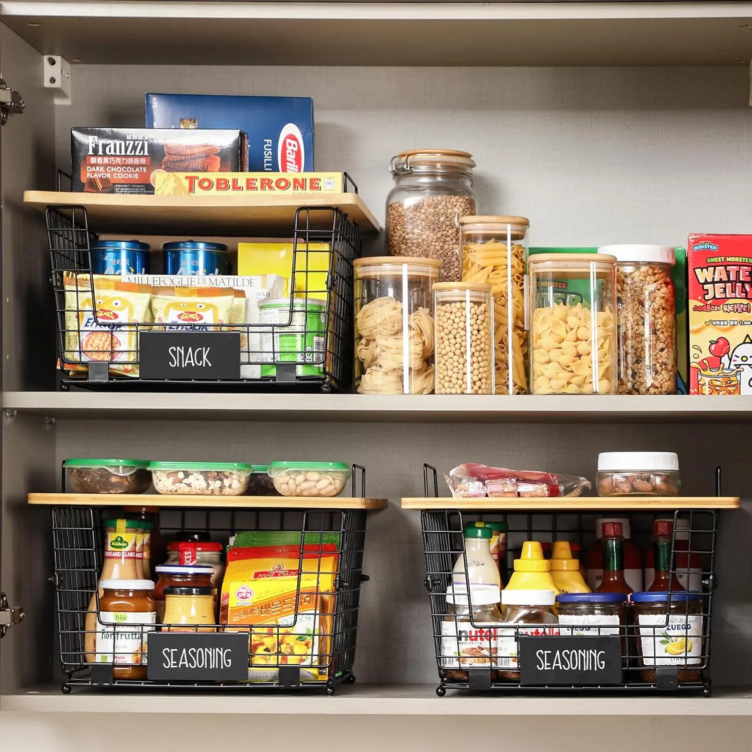 2 Set Stackable Wire Basket with Bamboo Top - Kitchen Counter, Pantry Organizer and Storage - Produce Onion Potato Fruits Vegs Bread Food Snack Spice Organizing Bin for Cabinet Shelf Countertop Floor - Image 4