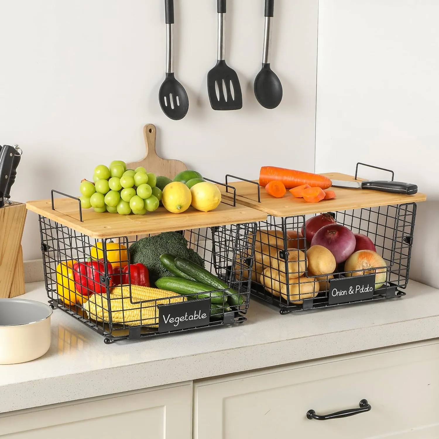 2 Set Stackable Wire Basket with Bamboo Top - Kitchen Counter, Pantry Organizer and Storage - Produce Onion Potato Fruits Vegs Bread Food Snack Spice Organizing Bin for Cabinet Shelf Countertop Floor - Image 5