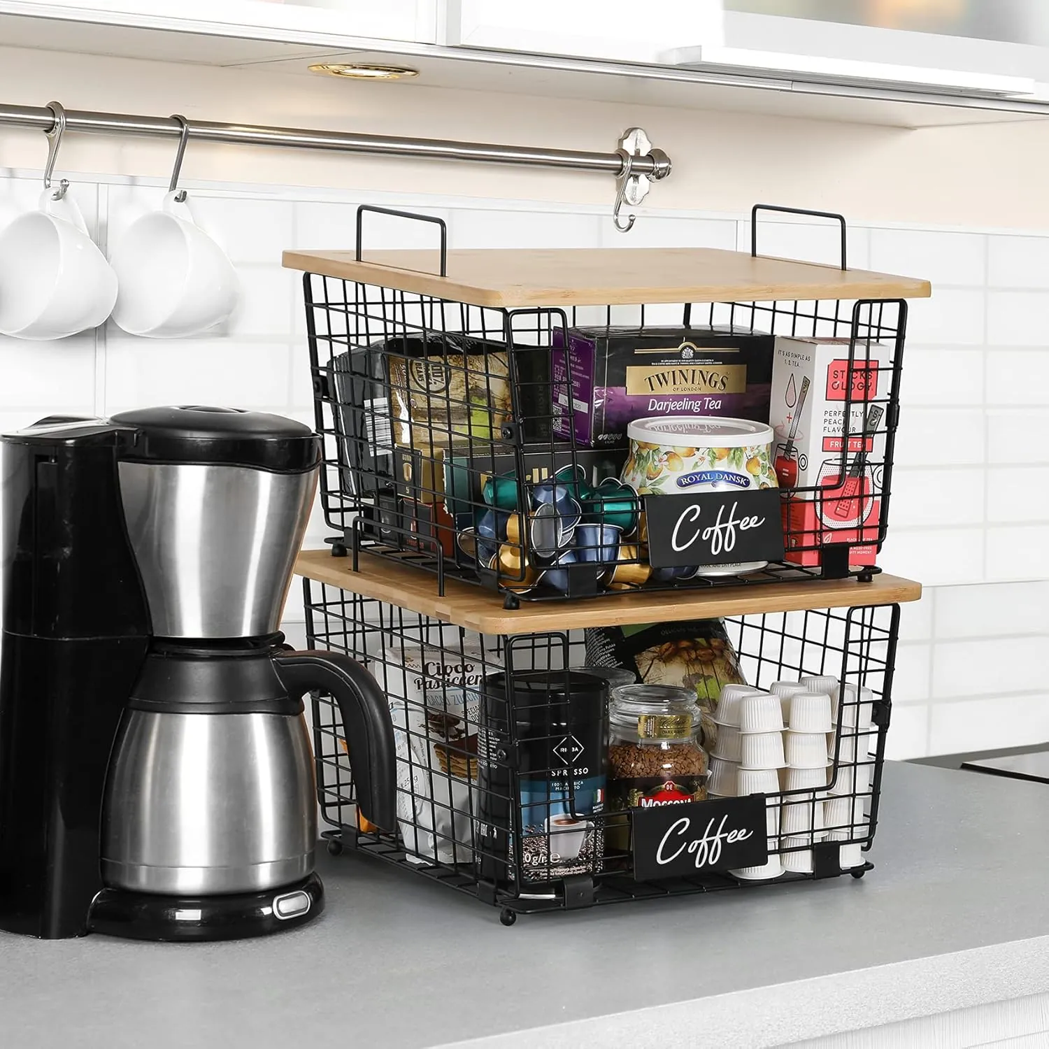 2 Set Stackable Wire Basket with Bamboo Top - Kitchen Counter, Pantry Organizer and Storage - Produce Onion Potato Fruits Vegs Bread Food Snack Spice Organizing Bin for Cabinet Shelf Countertop Floor - Image 6