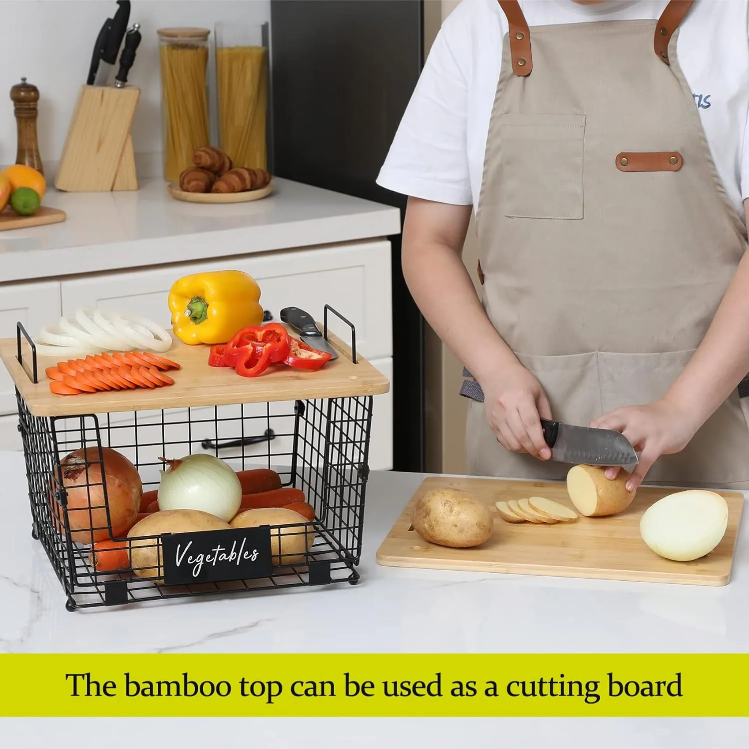 2 Set Stackable Wire Basket with Bamboo Top - Kitchen Counter, Pantry Organizer and Storage - Produce Onion Potato Fruits Vegs Bread Food Snack Spice Organizing Bin for Cabinet Shelf Countertop Floor - Image 7