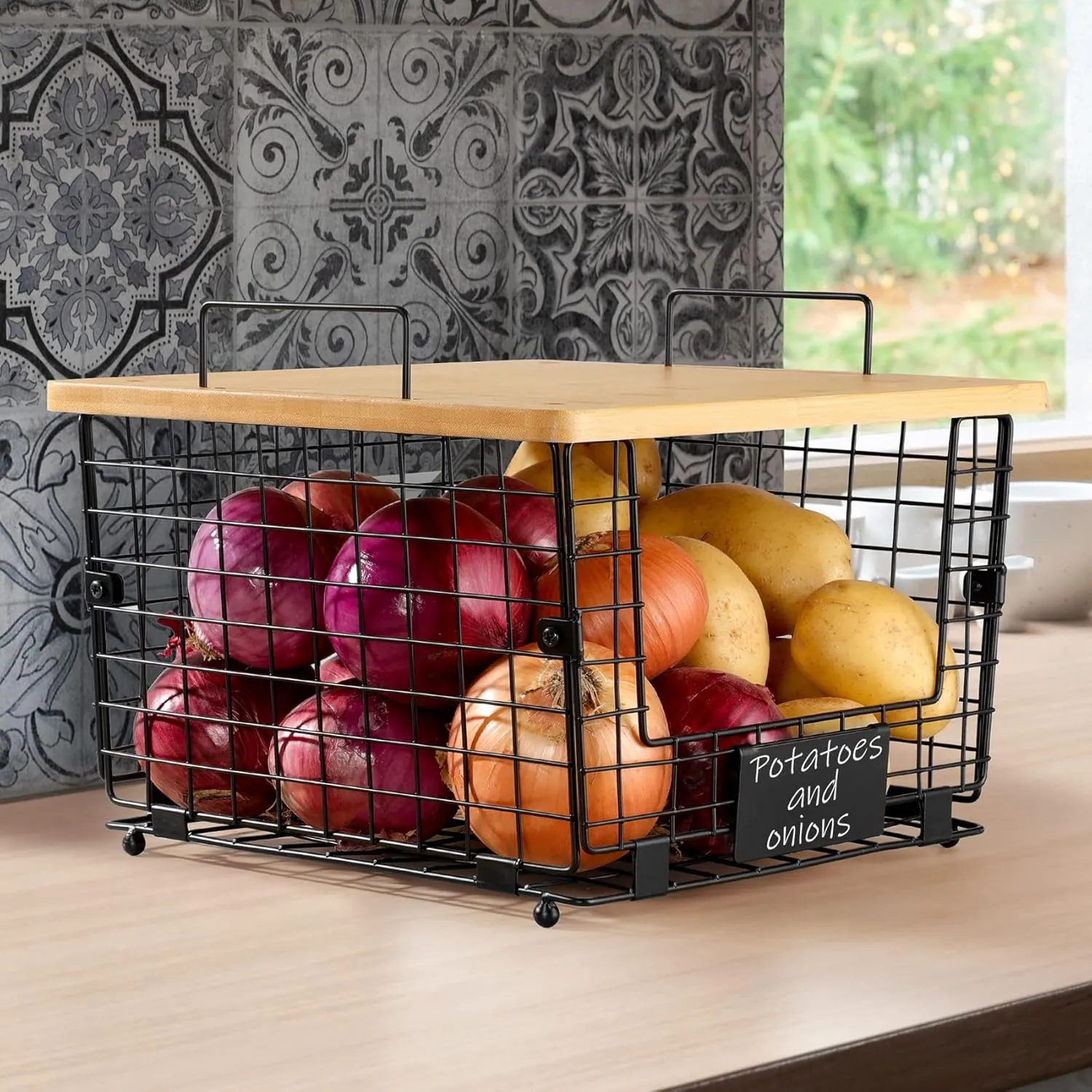 2 Set Stackable Wire Basket with Bamboo Top - Kitchen Counter, Pantry Organizer and Storage - Produce Onion Potato Fruits Vegs Bread Food Snack Spice Organizing Bin for Cabinet Shelf Countertop Floor - Image 8