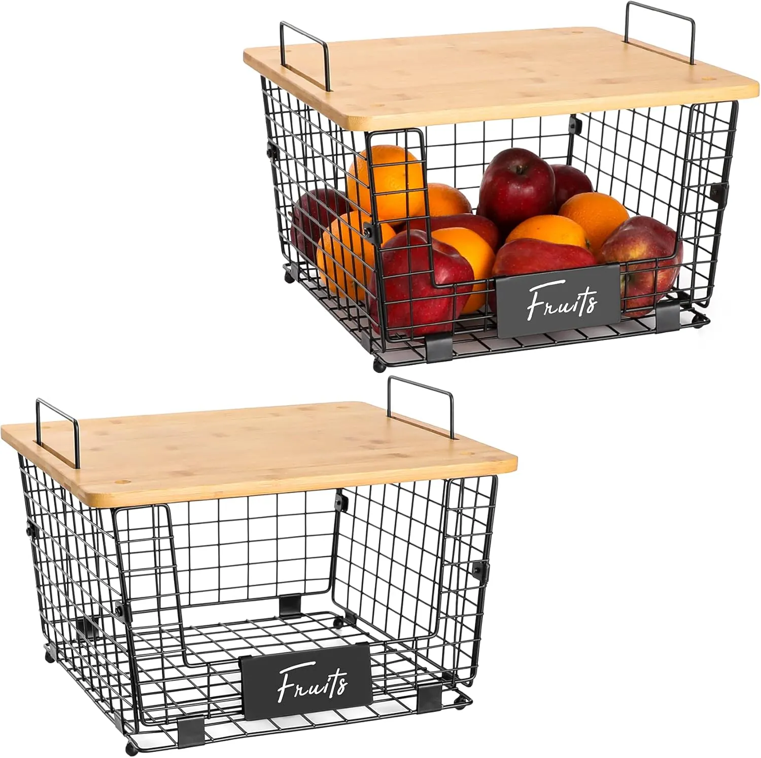 2 Set Stackable Wire Basket with Bamboo Top - Kitchen Counter, Pantry Organizer and Storage - Produce Onion Potato Fruits Vegs Bread Food Snack Spice Organizing Bin for Cabinet Shelf Countertop Floor - Image 9