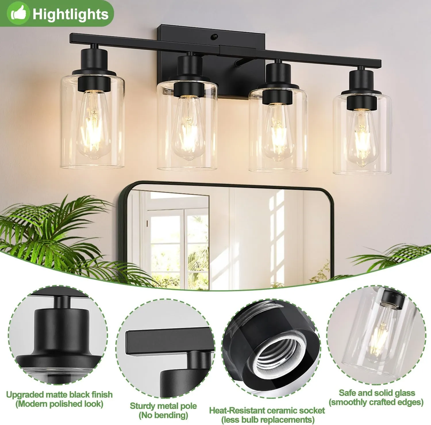 4-Light Bathroom Light Fixtures, Bathroom Vanity Lights with Clear Glass Shades, Matte Black Bathroom Light Fixtures over mirror, Modern Bathroom Wall Lamp for Mirror Living Room Cabinet Bedroom Porch - Image 3