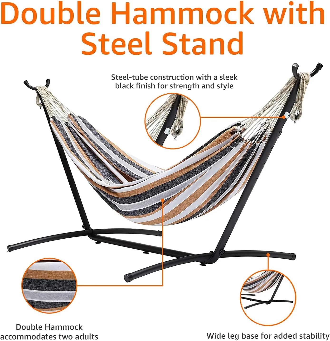 Amazon Basics Double Hammock with 9-Foot Space Saving Steel Stand and Carrying Case, 470lb Capacity, Multicolor, 118 x 46 x 39 inches - Image 4