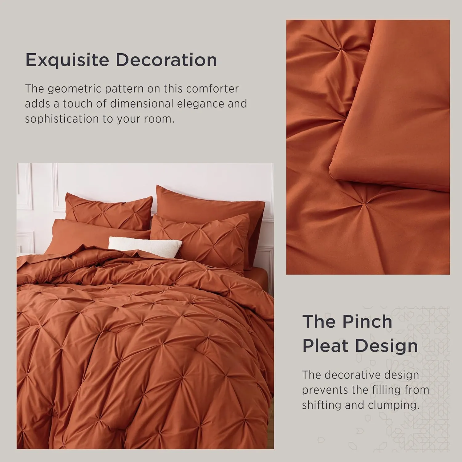 Bedsure Bed in a Bag Queen 7 Pieces - Queen Size Comforter Set, Pintuck Bedding Sets Burnt Orange Bed Set with Comforter, Sheets, Pillowcases & Shams - Image 4