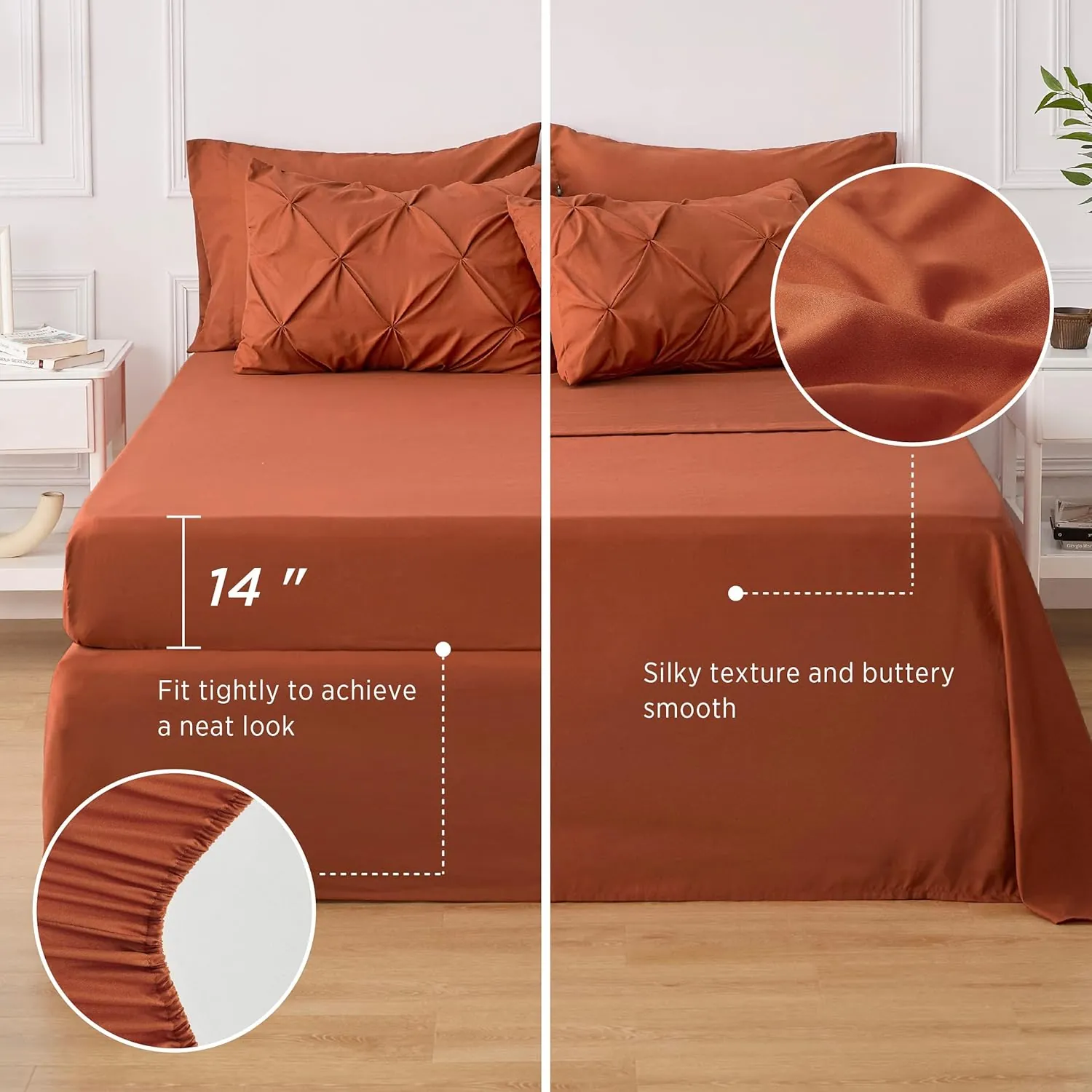 Bedsure Bed in a Bag Queen 7 Pieces - Queen Size Comforter Set, Pintuck Bedding Sets Burnt Orange Bed Set with Comforter, Sheets, Pillowcases & Shams - Image 5