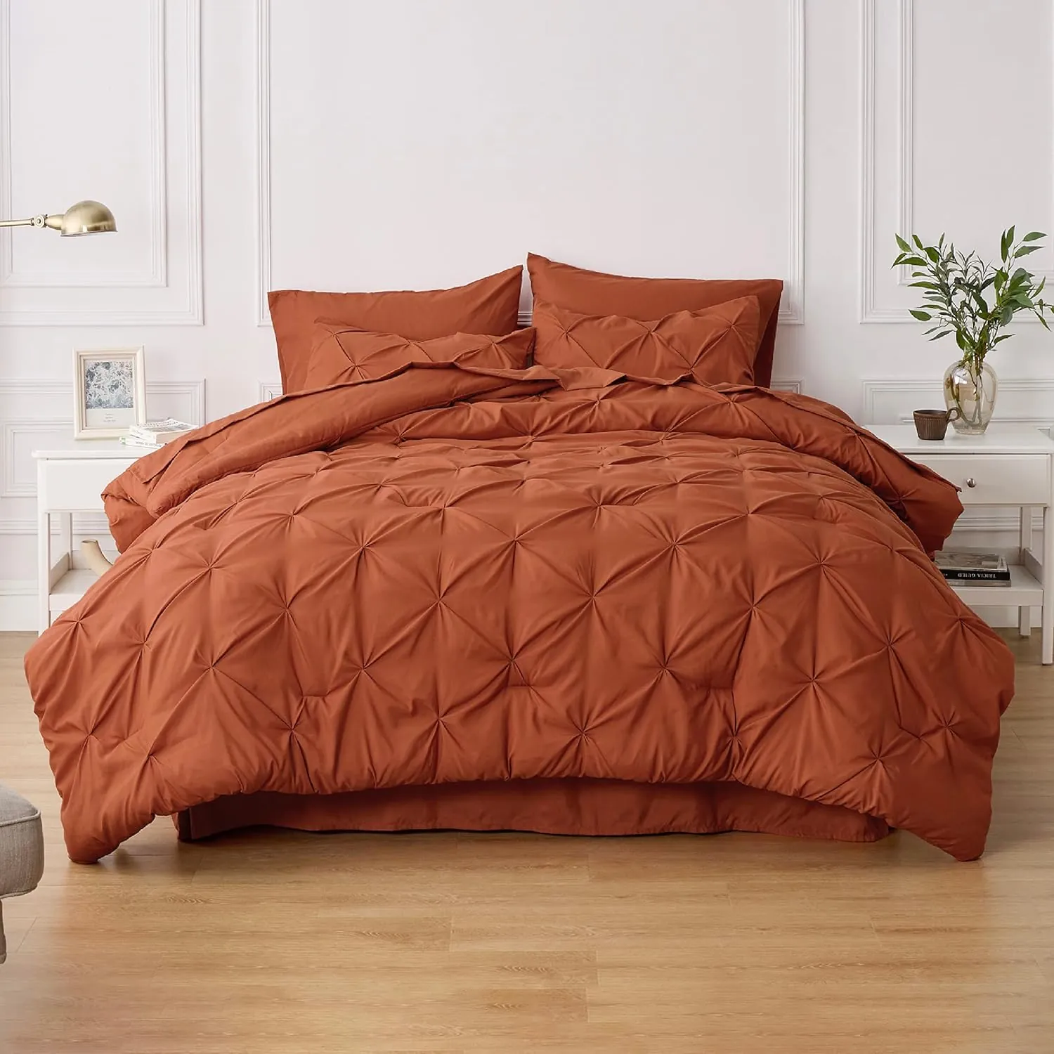 Bedsure Bed in a Bag Queen 7 Pieces - Queen Size Comforter Set, Pintuck Bedding Sets Burnt Orange Bed Set with Comforter, Sheets, Pillowcases & Shams - Image 8