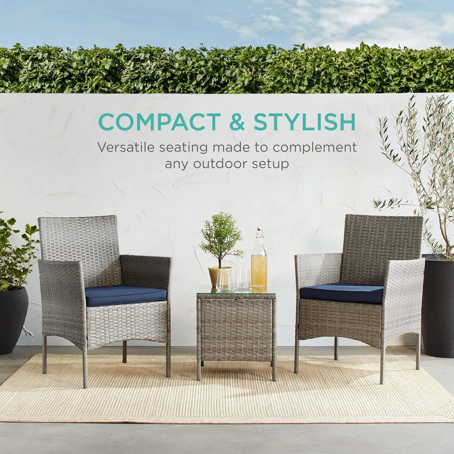 Best Choice Products 3-Piece Outdoor Wicker Conversation Bistro Set, Space Saving Patio Furniture for Garden w/Side Table - Gray/Navy - Image 6