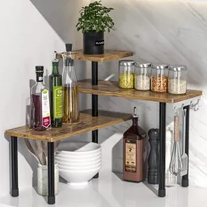 Countertop Organizer Organization, 3 Tier Moveable Corner Shelf for Kitchen , Bathroom , Spice Rack , Coffee Area, Over Sink, Dresser Table (Rustic Brown)
