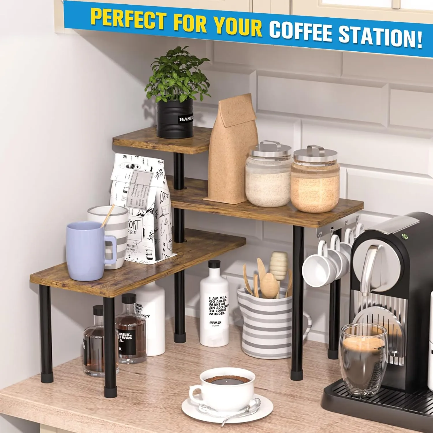 Countertop Organizer Organization, 3 Tier Moveable Corner Shelf for Kitchen , Bathroom , Spice Rack , Coffee Area, Over Sink, Dresser Table (Rustic Brown) - Image 2