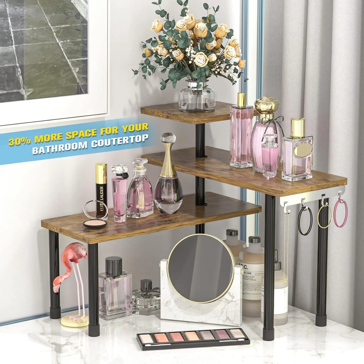 Countertop Organizer Organization, 3 Tier Moveable Corner Shelf for Kitchen , Bathroom , Spice Rack , Coffee Area, Over Sink, Dresser Table (Rustic Brown) - Image 4