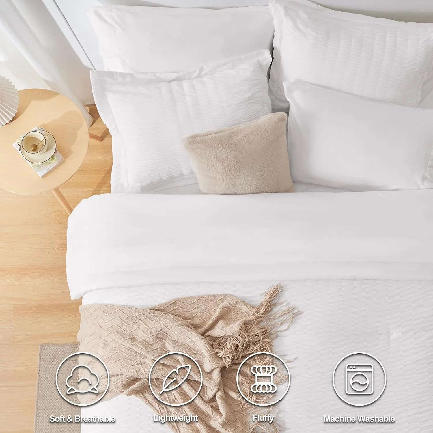 CozyLux King Comforter Set with Sheets White Seersucker Bed in a Bag 7-Pieces All Season Bedding Sets with Comforter, Pillow Sham, Flat Sheet, Fitted Sheet, Pillowcase - Image 2