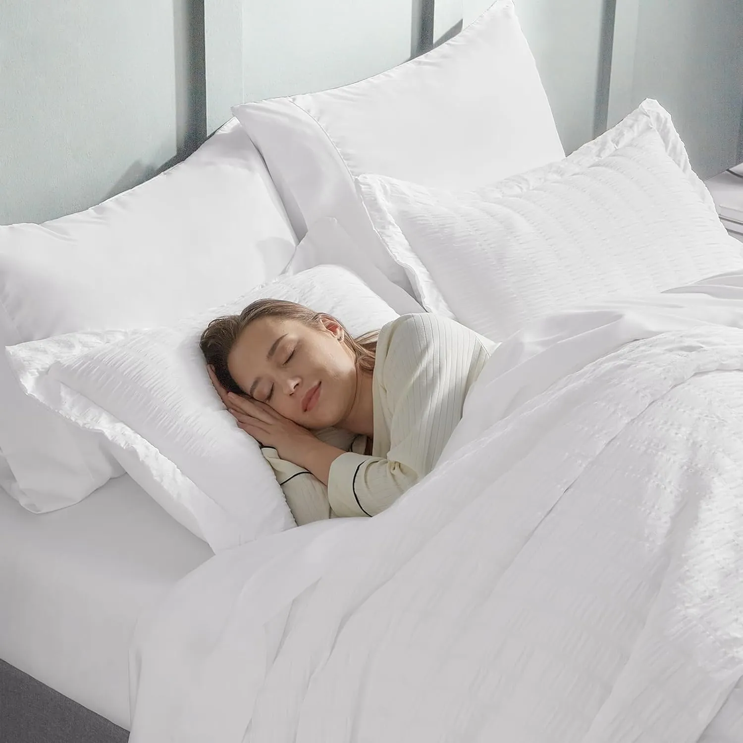 CozyLux King Comforter Set with Sheets White Seersucker Bed in a Bag 7-Pieces All Season Bedding Sets with Comforter, Pillow Sham, Flat Sheet, Fitted Sheet, Pillowcase - Image 3