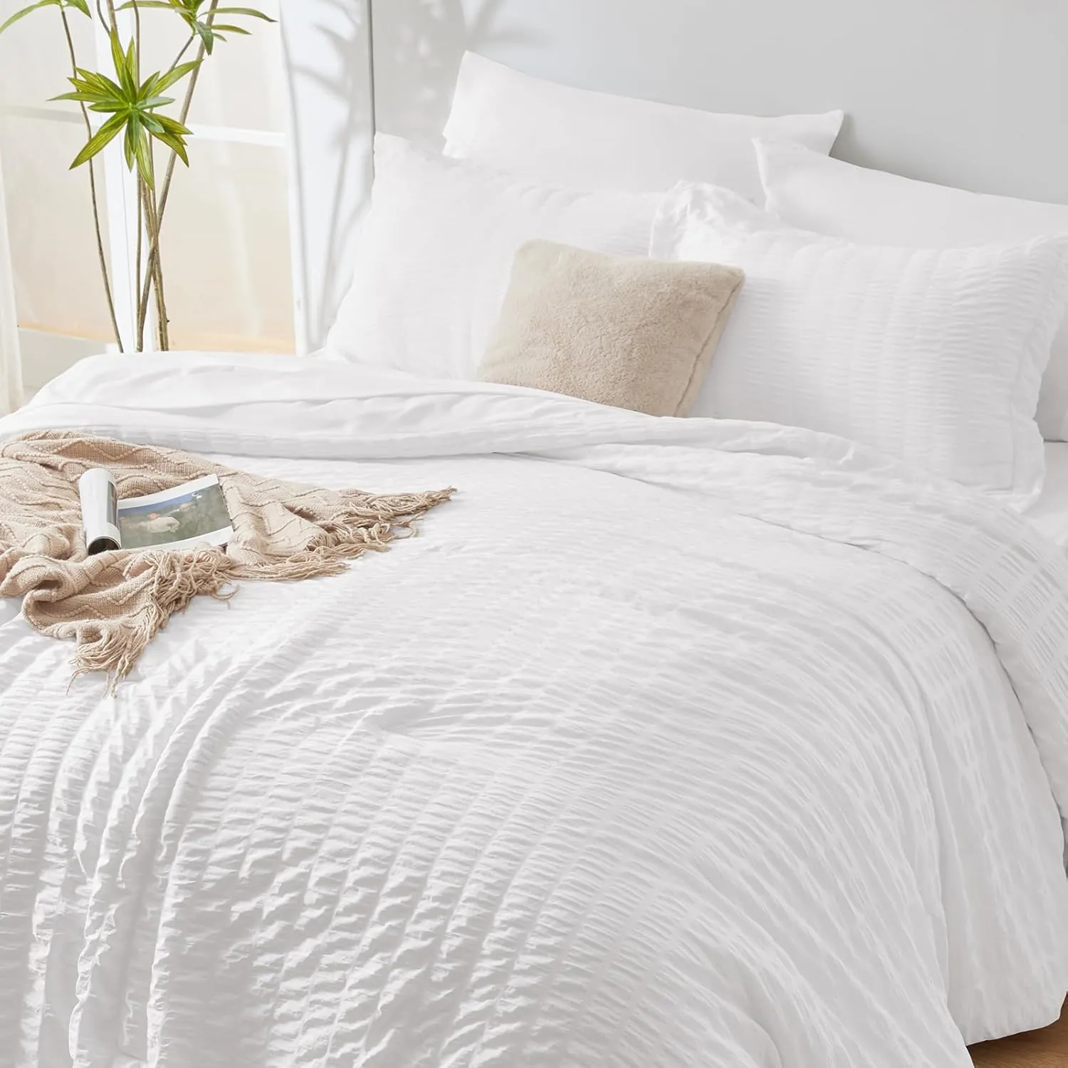 CozyLux King Comforter Set with Sheets White Seersucker Bed in a Bag 7-Pieces All Season Bedding Sets with Comforter, Pillow Sham, Flat Sheet, Fitted Sheet, Pillowcase - Image 4