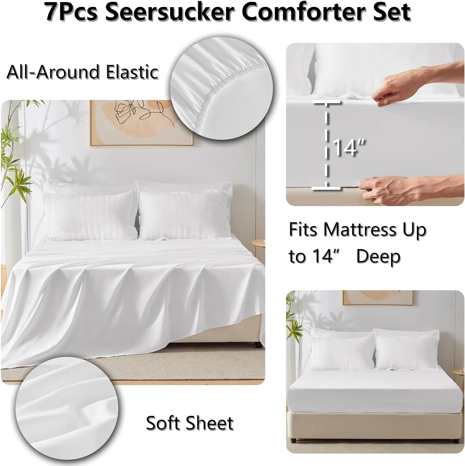 CozyLux King Comforter Set with Sheets White Seersucker Bed in a Bag 7-Pieces All Season Bedding Sets with Comforter, Pillow Sham, Flat Sheet, Fitted Sheet, Pillowcase - Image 6