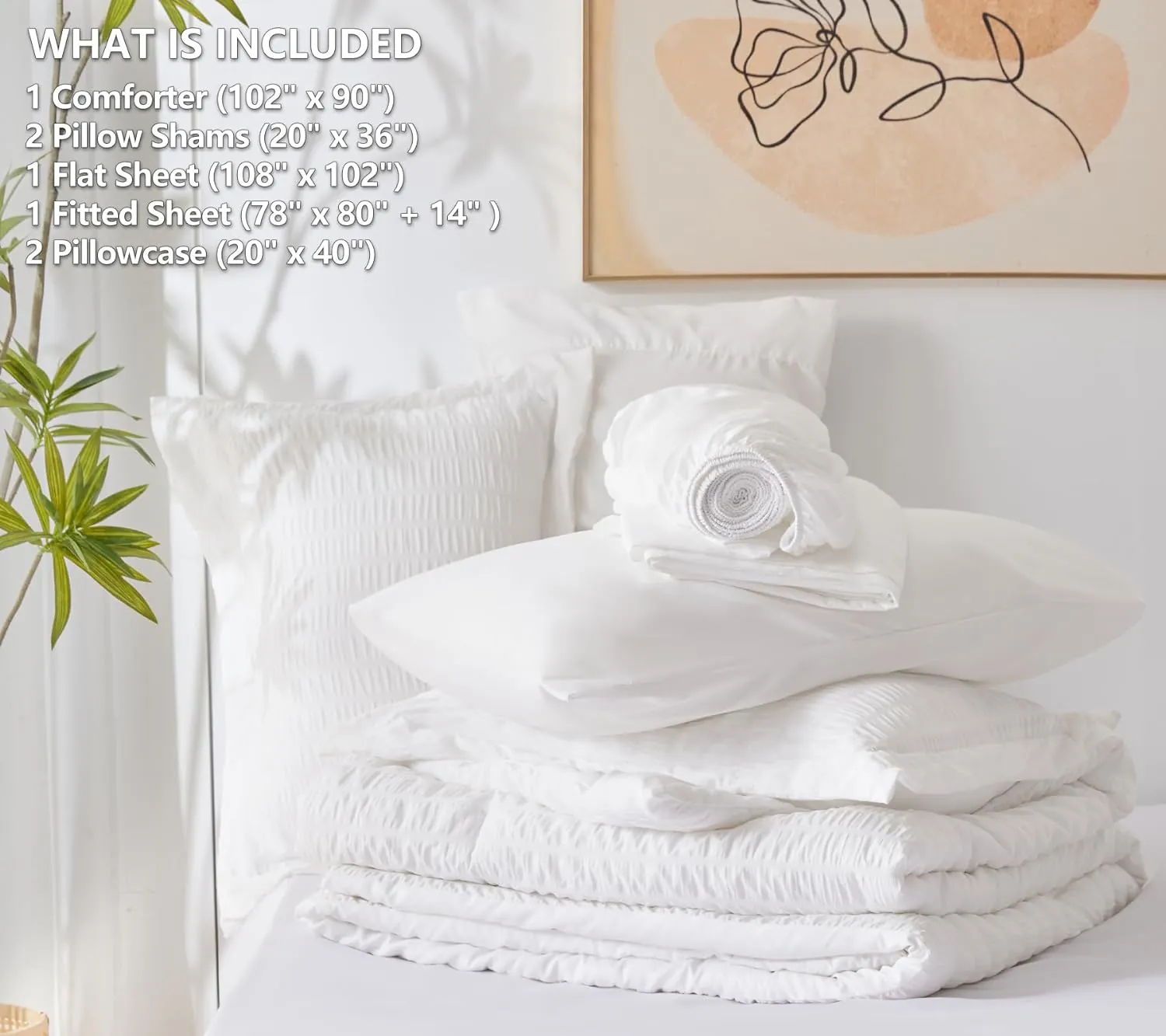 CozyLux King Comforter Set with Sheets White Seersucker Bed in a Bag 7-Pieces All Season Bedding Sets with Comforter, Pillow Sham, Flat Sheet, Fitted Sheet, Pillowcase - Image 7