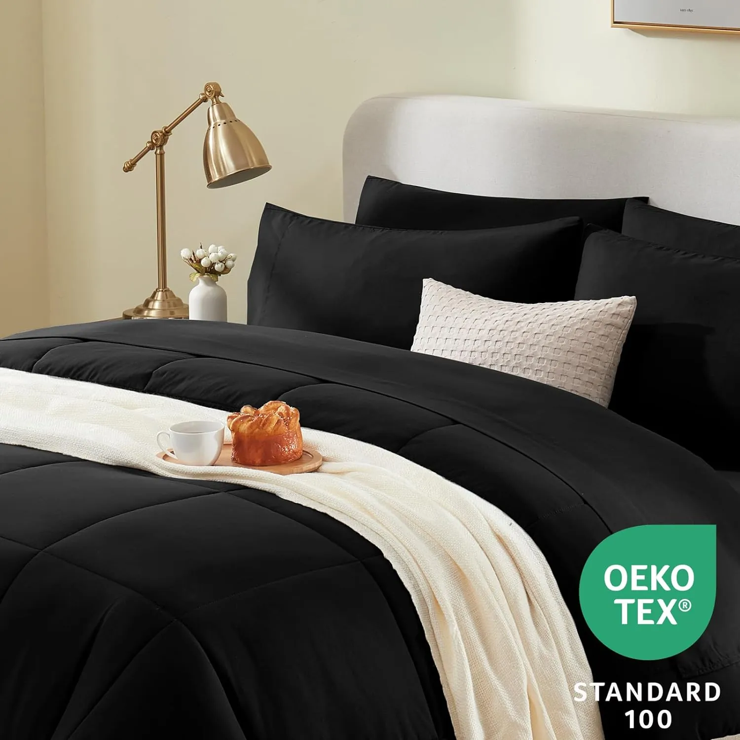 CozyLux Queen Comforter Set - 7 Pieces Bed in a Bag Set Black, Bedding Sets Queen with All Season Quilted Comforter, Flat Sheet, Fitted Sheet, Pillowcases, Black, Queen - Image 3