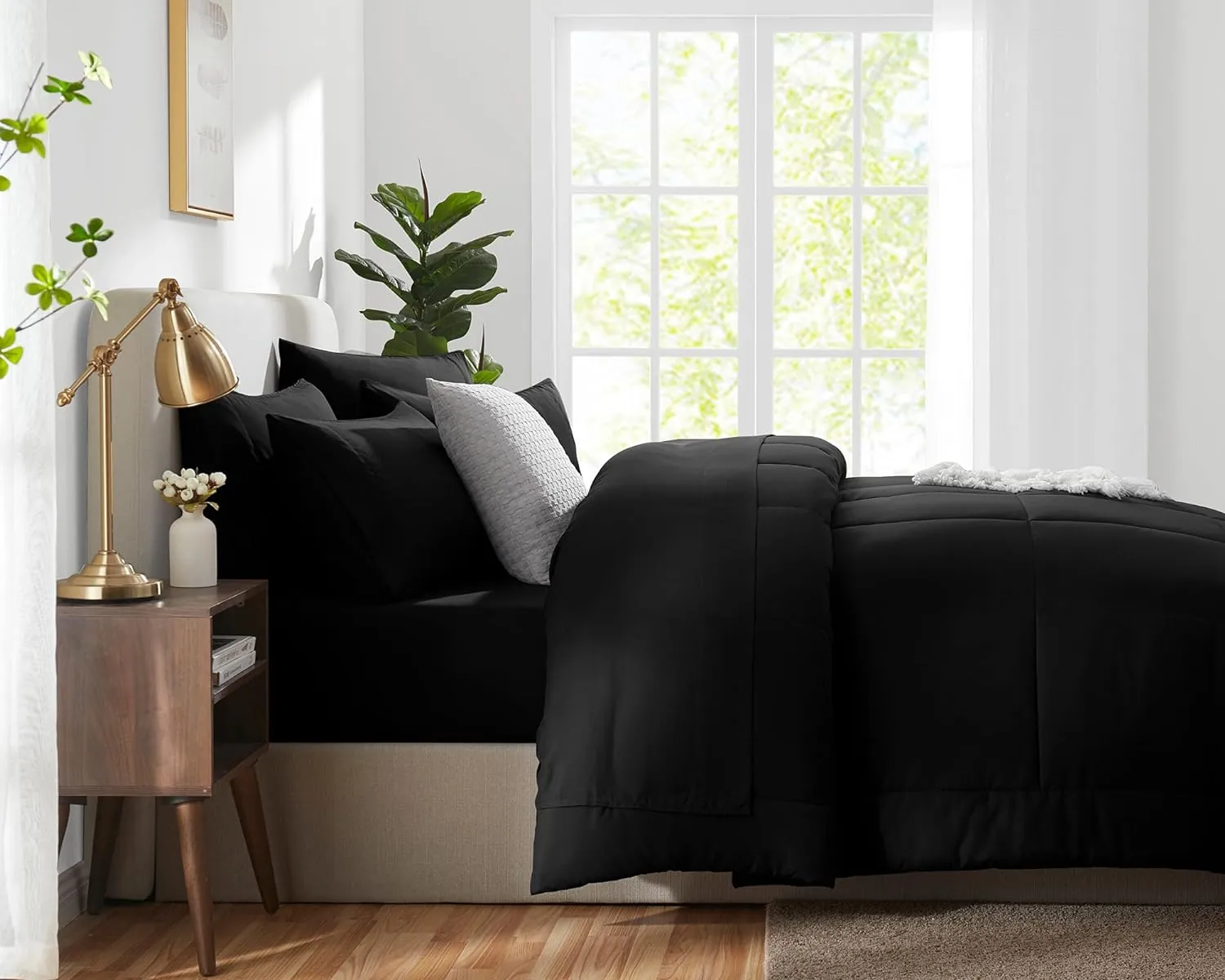 CozyLux Queen Comforter Set - 7 Pieces Bed in a Bag Set Black, Bedding Sets Queen with All Season Quilted Comforter, Flat Sheet, Fitted Sheet, Pillowcases, Black, Queen - Image 4