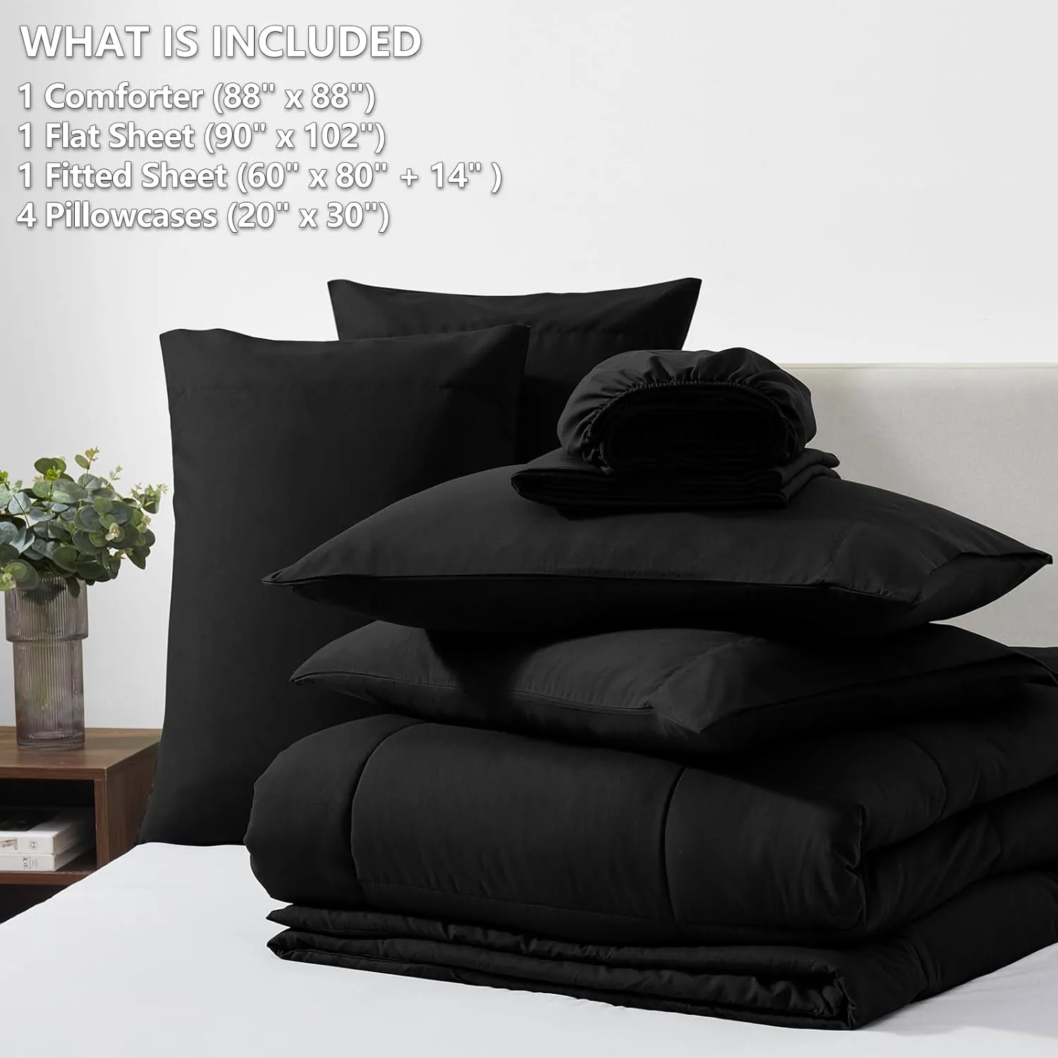 CozyLux Queen Comforter Set - 7 Pieces Bed in a Bag Set Black, Bedding Sets Queen with All Season Quilted Comforter, Flat Sheet, Fitted Sheet, Pillowcases, Black, Queen - Image 5