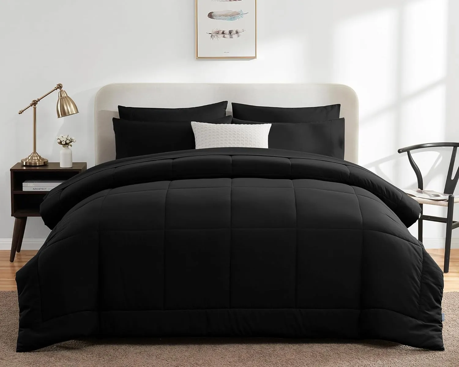CozyLux Queen Comforter Set - 7 Pieces Bed in a Bag Set Black, Bedding Sets Queen with All Season Quilted Comforter, Flat Sheet, Fitted Sheet, Pillowcases, Black, Queen - Image 7