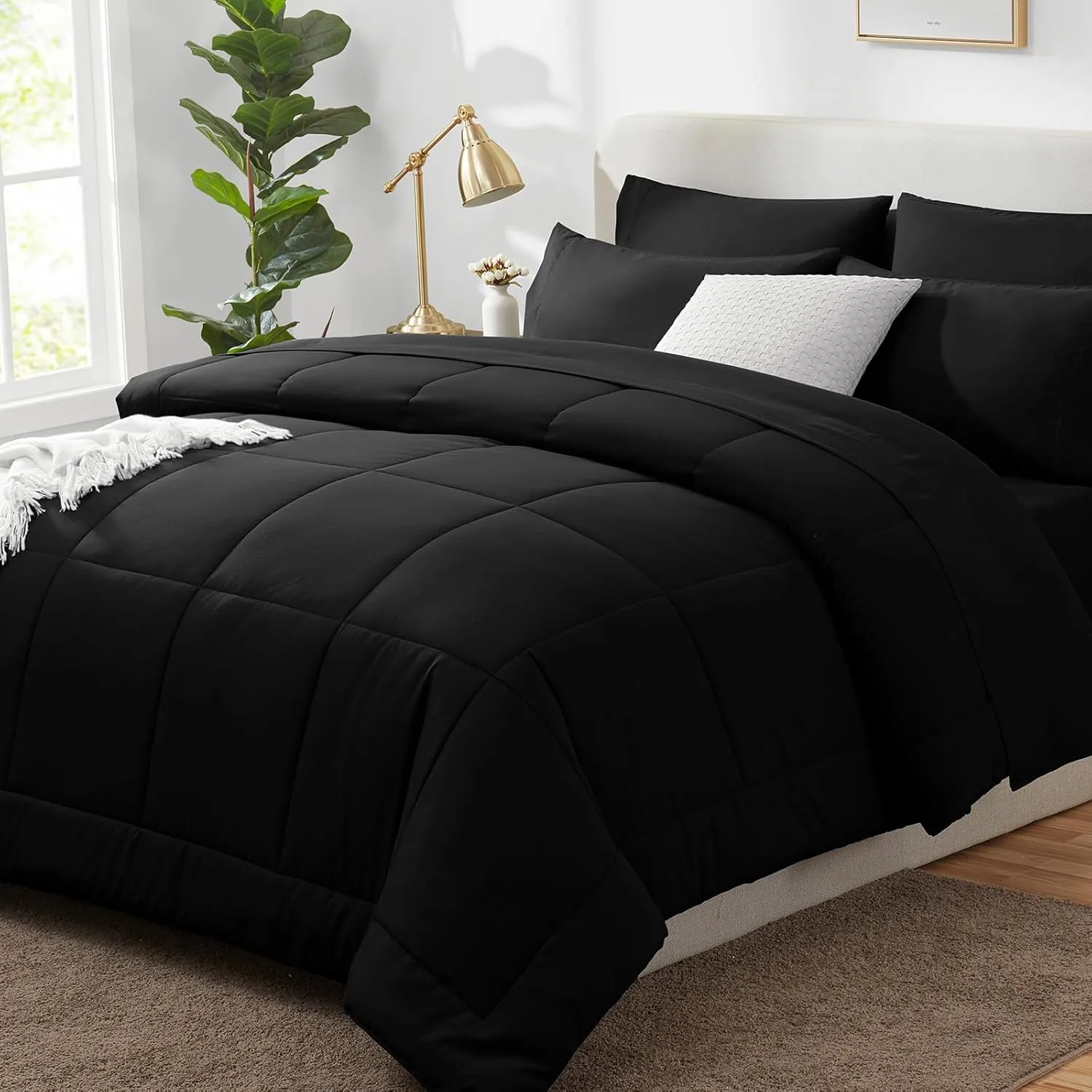 CozyLux Queen Comforter Set - 7 Pieces Bed in a Bag Set Black, Bedding Sets Queen with All Season Quilted Comforter, Flat Sheet, Fitted Sheet, Pillowcases, Black, Queen - Image 8