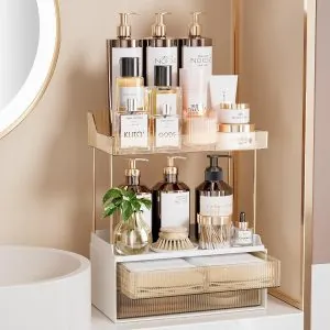 Delamu 2-Tier 2-Drawer Bathroom Counter Organizer, Multi-Purpose Makeup Organizer Countertop, Large Skincare Organizers, Exquisite Vanity Organizer, Amber