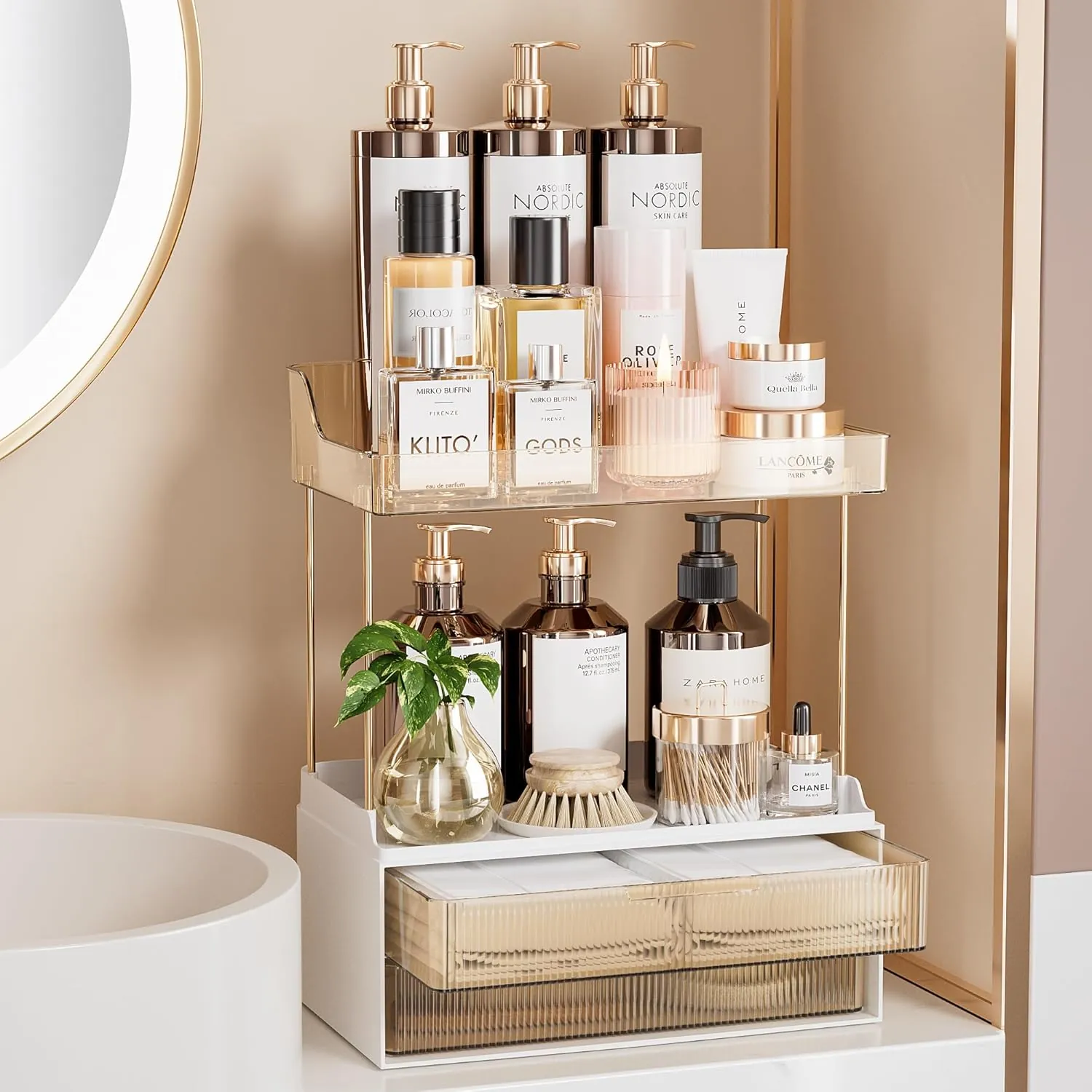 Delamu 2-Tier 2-Drawer Bathroom Counter Organizer, Multi-Purpose Makeup Organizer Countertop, Large Skincare Organizers, Exquisite Vanity Organizer, Amber