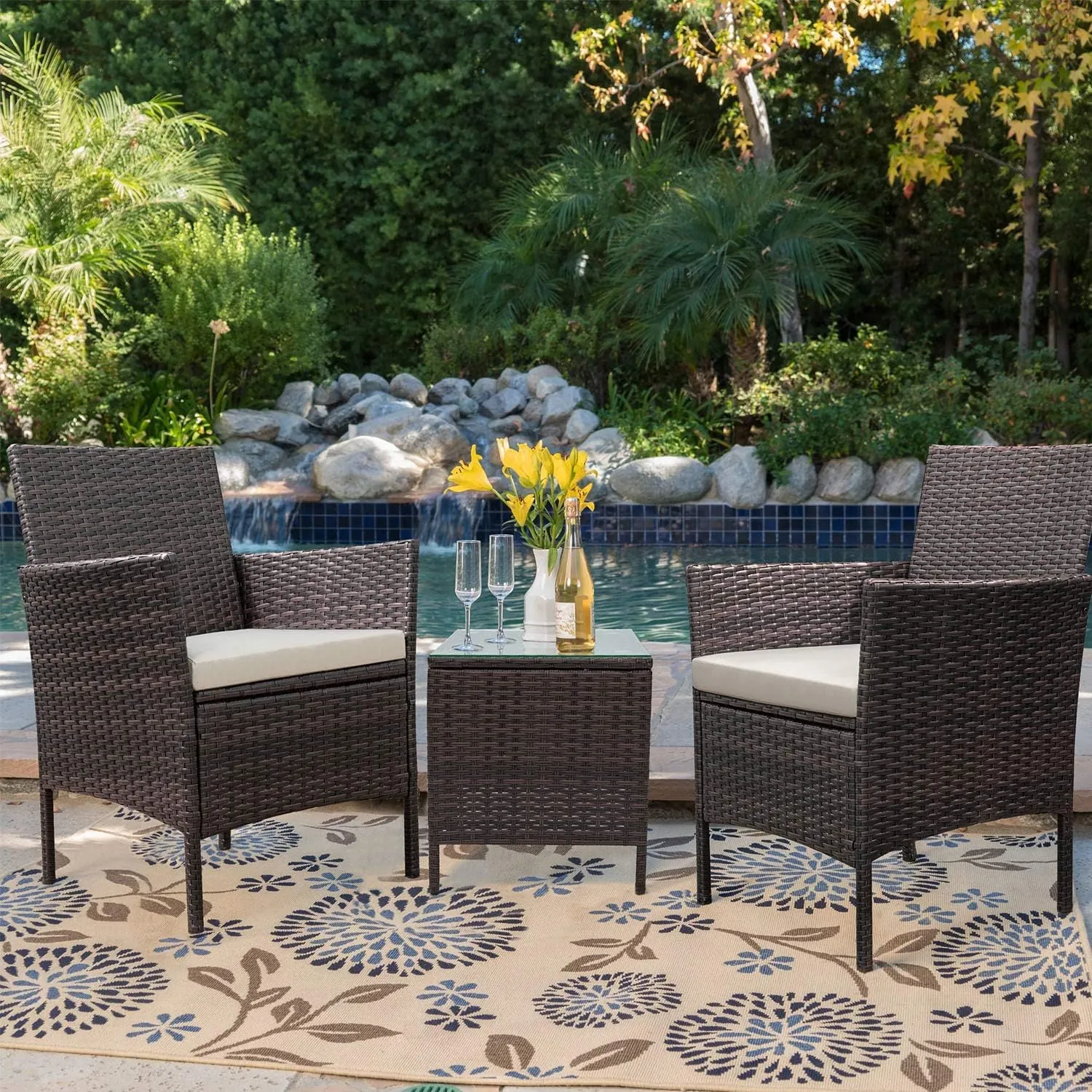 Devoko Patio Porch Furniture Sets 3 Pieces PE Rattan Wicker Chairs with Table Outdoor Garden Furniture Sets (Brown/Beige) - Image 2