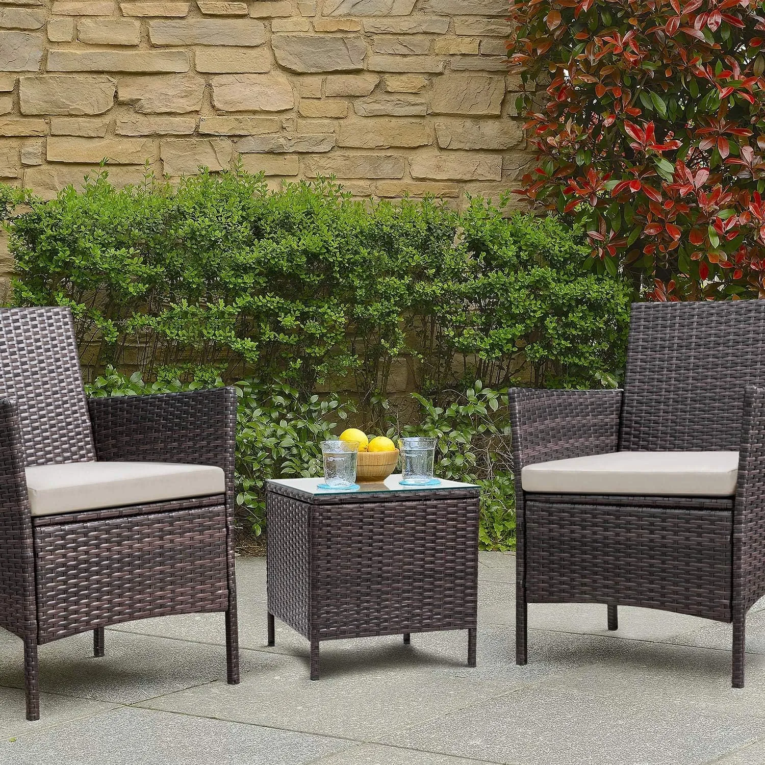 Devoko Patio Porch Furniture Sets 3 Pieces PE Rattan Wicker Chairs with Table Outdoor Garden Furniture Sets (Brown/Beige) - Image 6