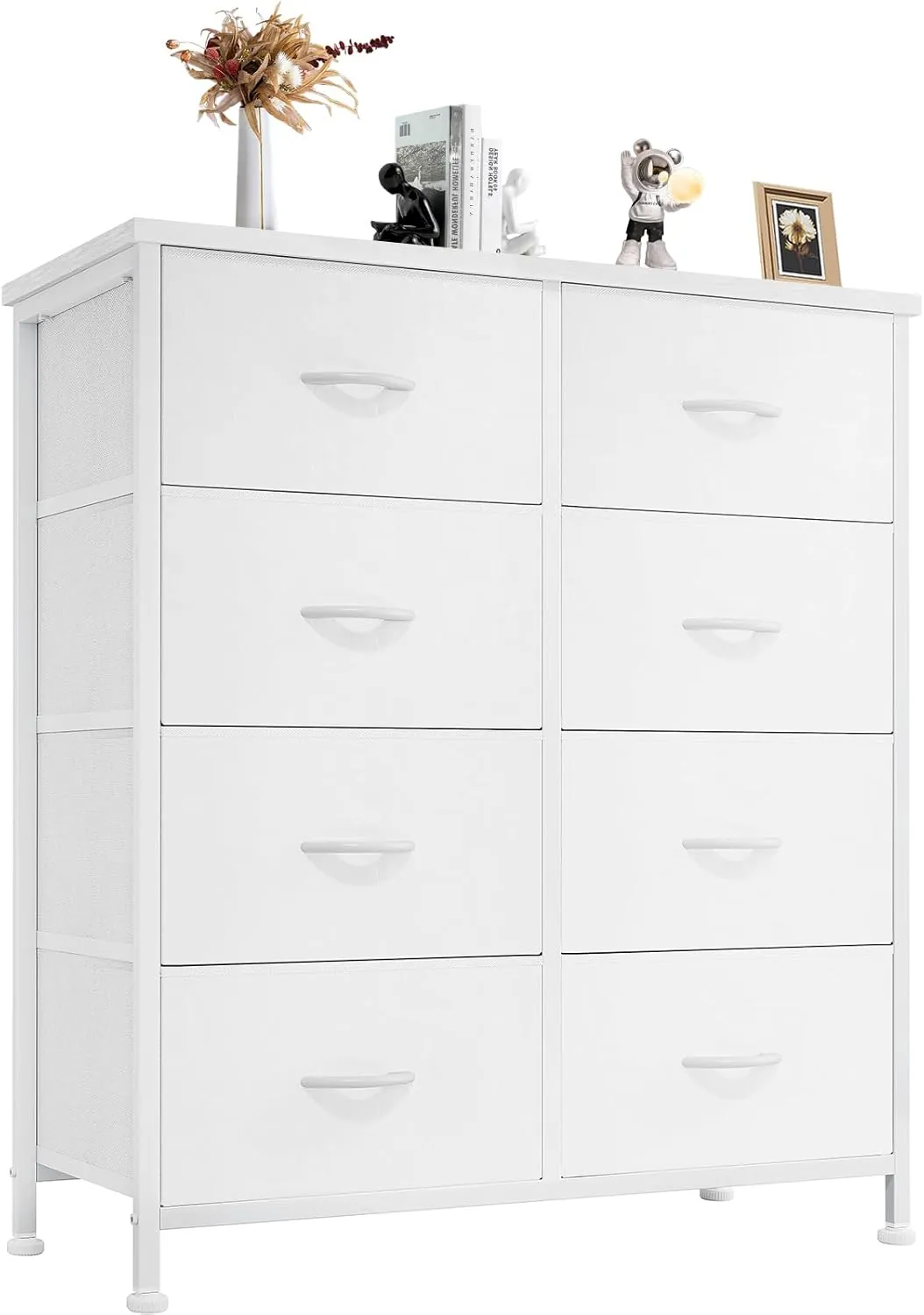 DUMOS Dresser for Bedroom with 8 Fabric Drawers, Tall Chest Organizer Units for Clothing, Closet, Kidsroom, Storage Tower with Cabinet, Metal Frame, Wooden Top, Lightweight Nursery Furniture, White