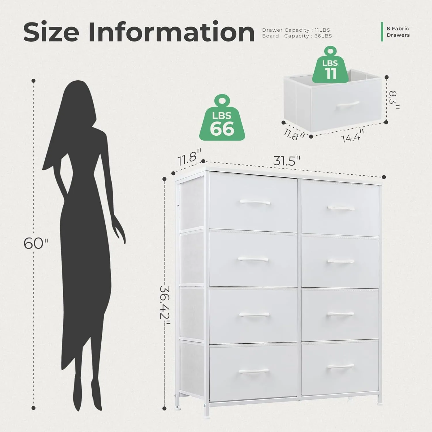 DUMOS Dresser for Bedroom with 8 Fabric Drawers, Tall Chest Organizer Units for Clothing, Closet, Kidsroom, Storage Tower with Cabinet, Metal Frame, Wooden Top, Lightweight Nursery Furniture, White - Image 3