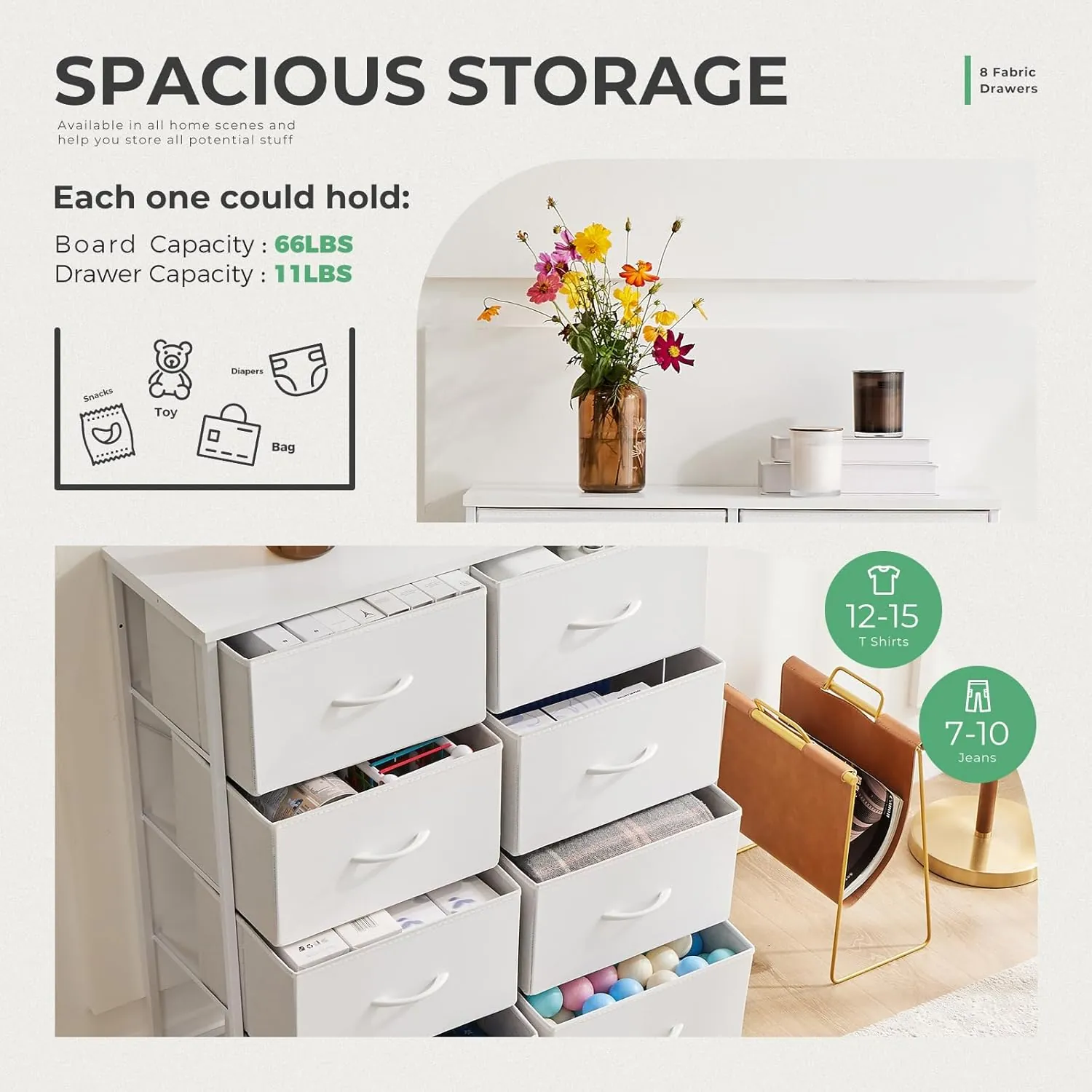DUMOS Dresser for Bedroom with 8 Fabric Drawers, Tall Chest Organizer Units for Clothing, Closet, Kidsroom, Storage Tower with Cabinet, Metal Frame, Wooden Top, Lightweight Nursery Furniture, White - Image 4