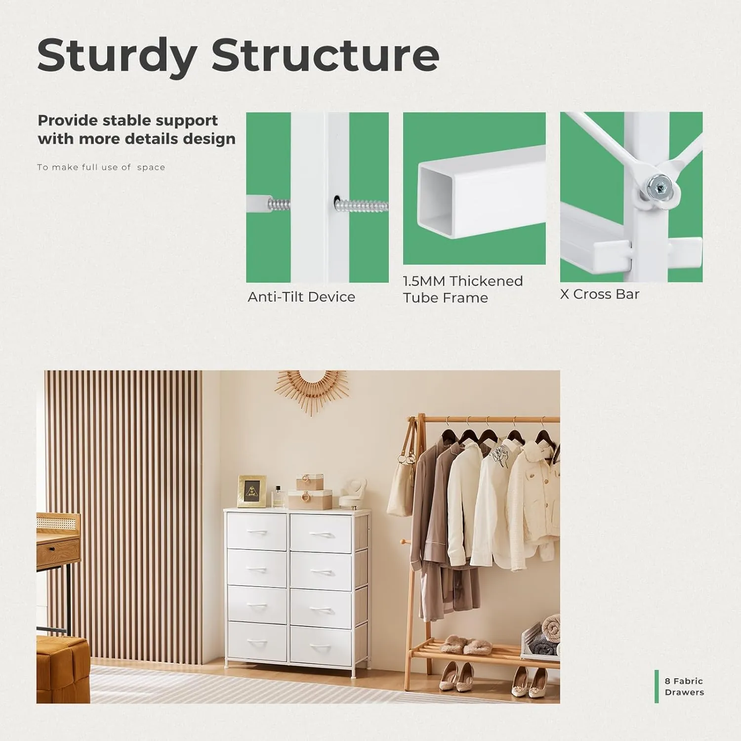 DUMOS Dresser for Bedroom with 8 Fabric Drawers, Tall Chest Organizer Units for Clothing, Closet, Kidsroom, Storage Tower with Cabinet, Metal Frame, Wooden Top, Lightweight Nursery Furniture, White - Image 7