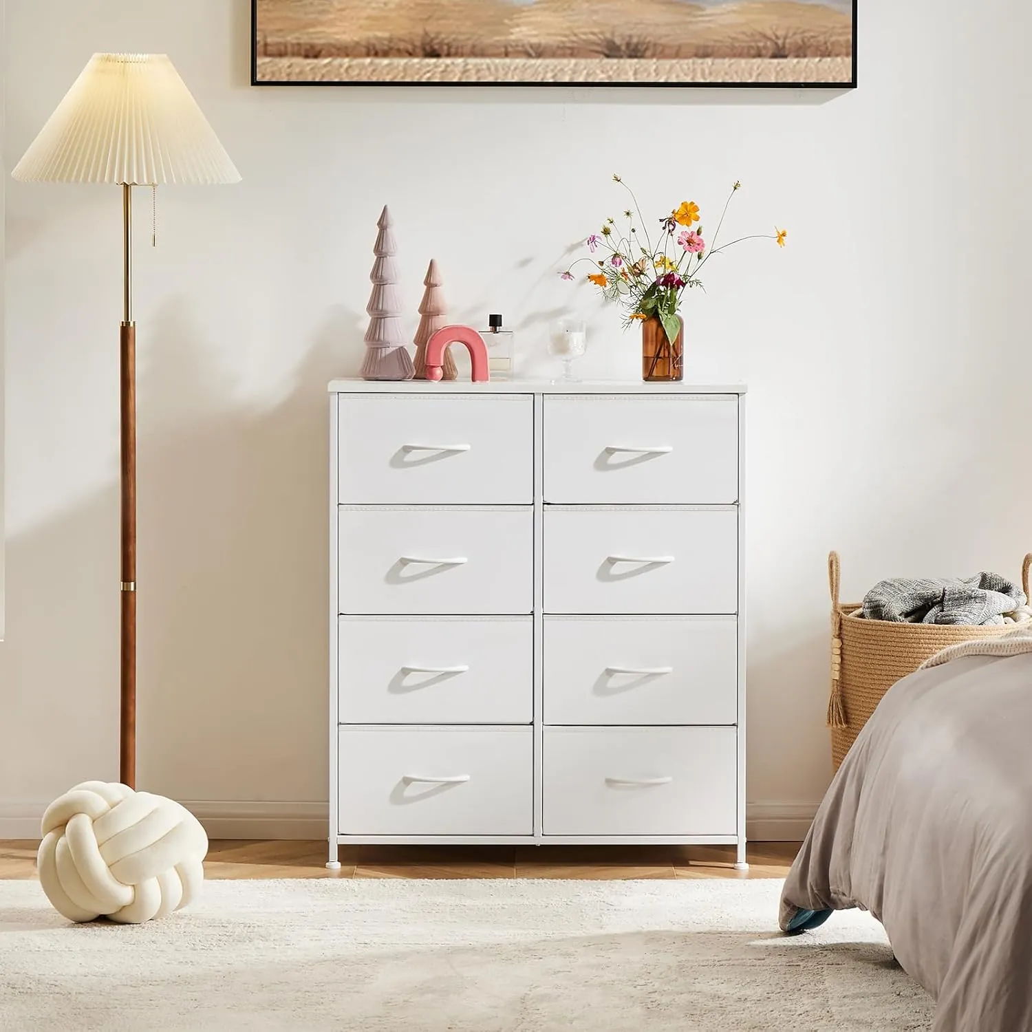 DUMOS Dresser for Bedroom with 8 Fabric Drawers, Tall Chest Organizer Units for Clothing, Closet, Kidsroom, Storage Tower with Cabinet, Metal Frame, Wooden Top, Lightweight Nursery Furniture, White - Image 8