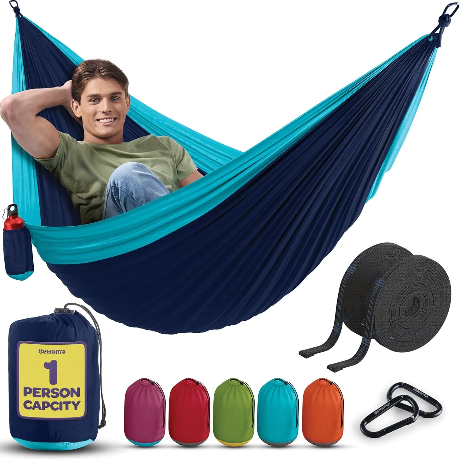 Durable Hammock 400 lb Capacity, Nylon Camping Hammock Chair - Double or Single Sizes w/Tree Straps and Attached Carry Bag - Portable for Travel/Backpacking/Beach/Backyard (Medium, Blue & Light Blue) - Image 8
