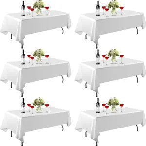 EMART 6 Pack Rectangle Table Cloth, 60 x 102 inch White 100% Polyester Thickened Fabric for Banquet Wedding Party Rectangular Tablecloths, Stain Resistant and Washable
