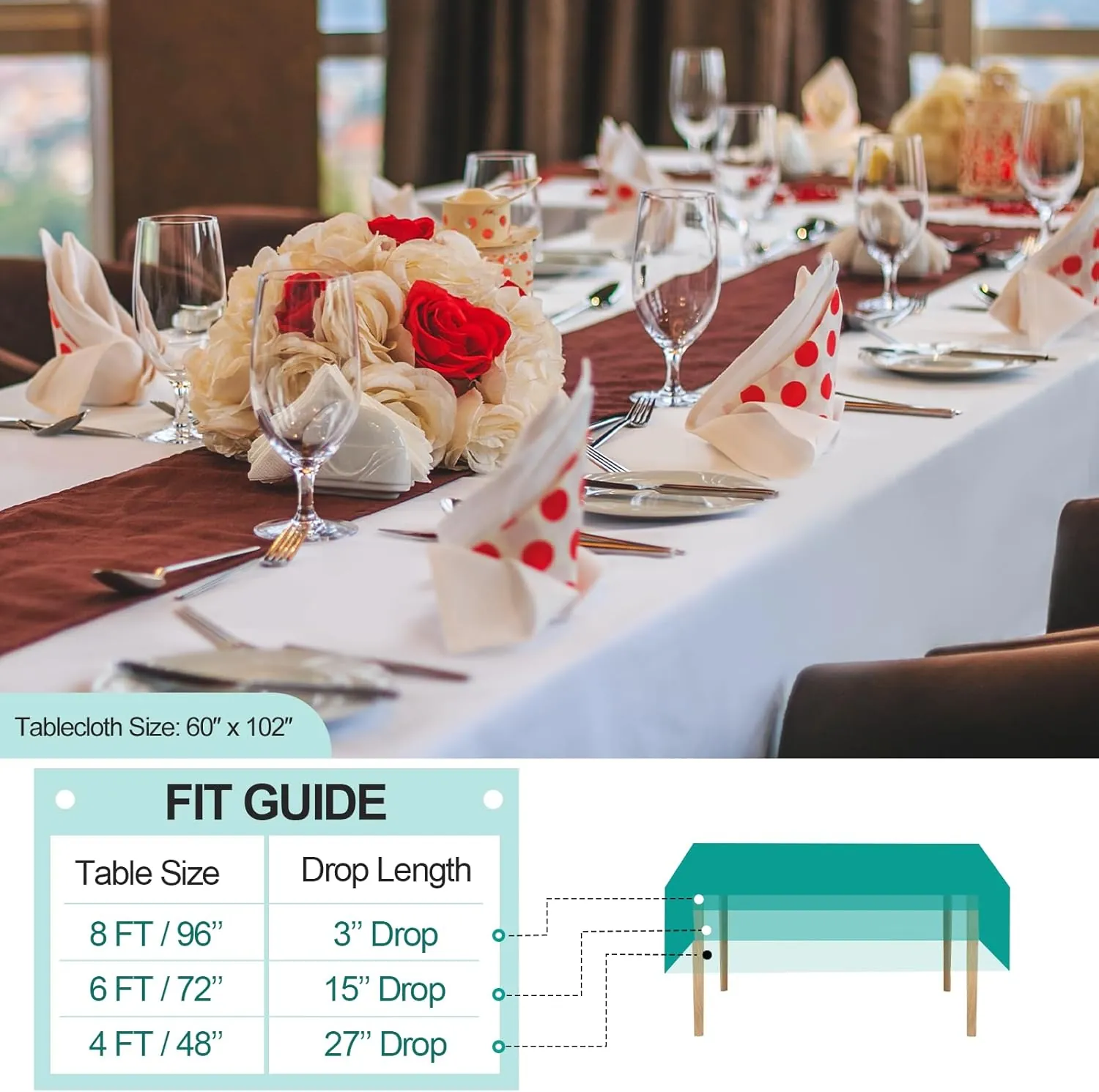 EMART 6 Pack Rectangle Table Cloth, 60 x 102 inch White 100% Polyester Thickened Fabric for Banquet Wedding Party Rectangular Tablecloths, Stain Resistant and Washable - Image 6
