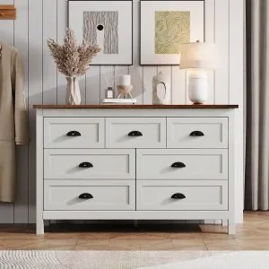 Farmhouse White Dresser for Bedroom, 7 Drawer Dresser with Vintage Black Handle, Wide Wood Dressers & Chests of Drawers for Hallway, Entryway, Antique White