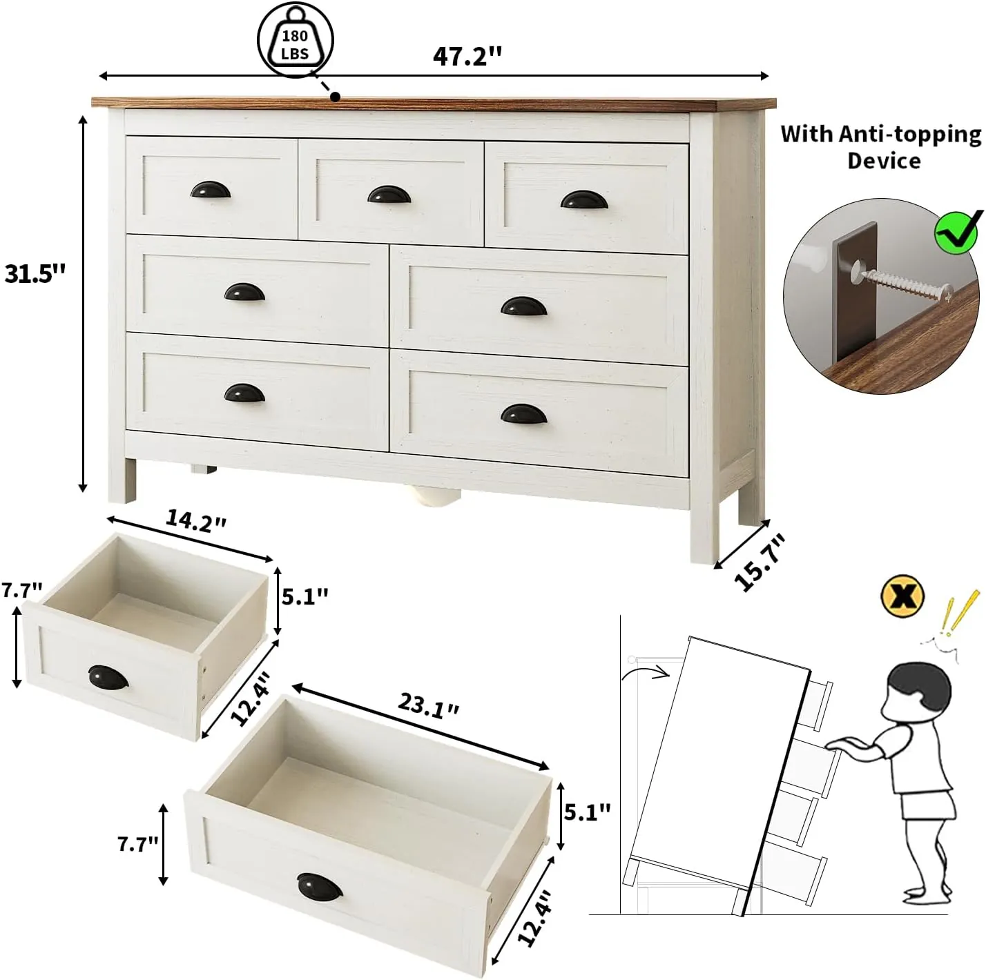 Farmhouse White Dresser for Bedroom, 7 Drawer Dresser with Vintage Black Handle, Wide Wood Dressers & Chests of Drawers for Hallway, Entryway, Antique White - Image 2