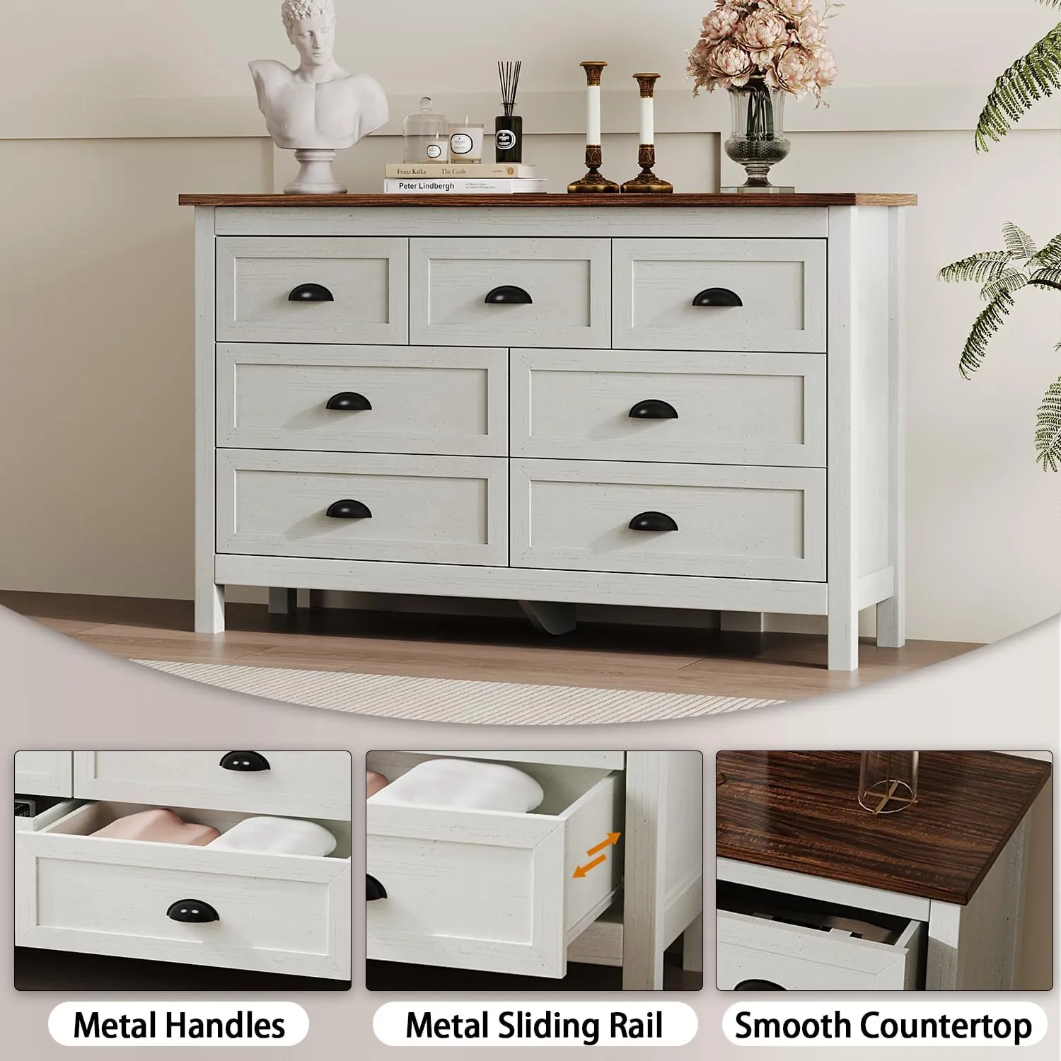 Farmhouse White Dresser for Bedroom, 7 Drawer Dresser with Vintage Black Handle, Wide Wood Dressers & Chests of Drawers for Hallway, Entryway, Antique White - Image 3