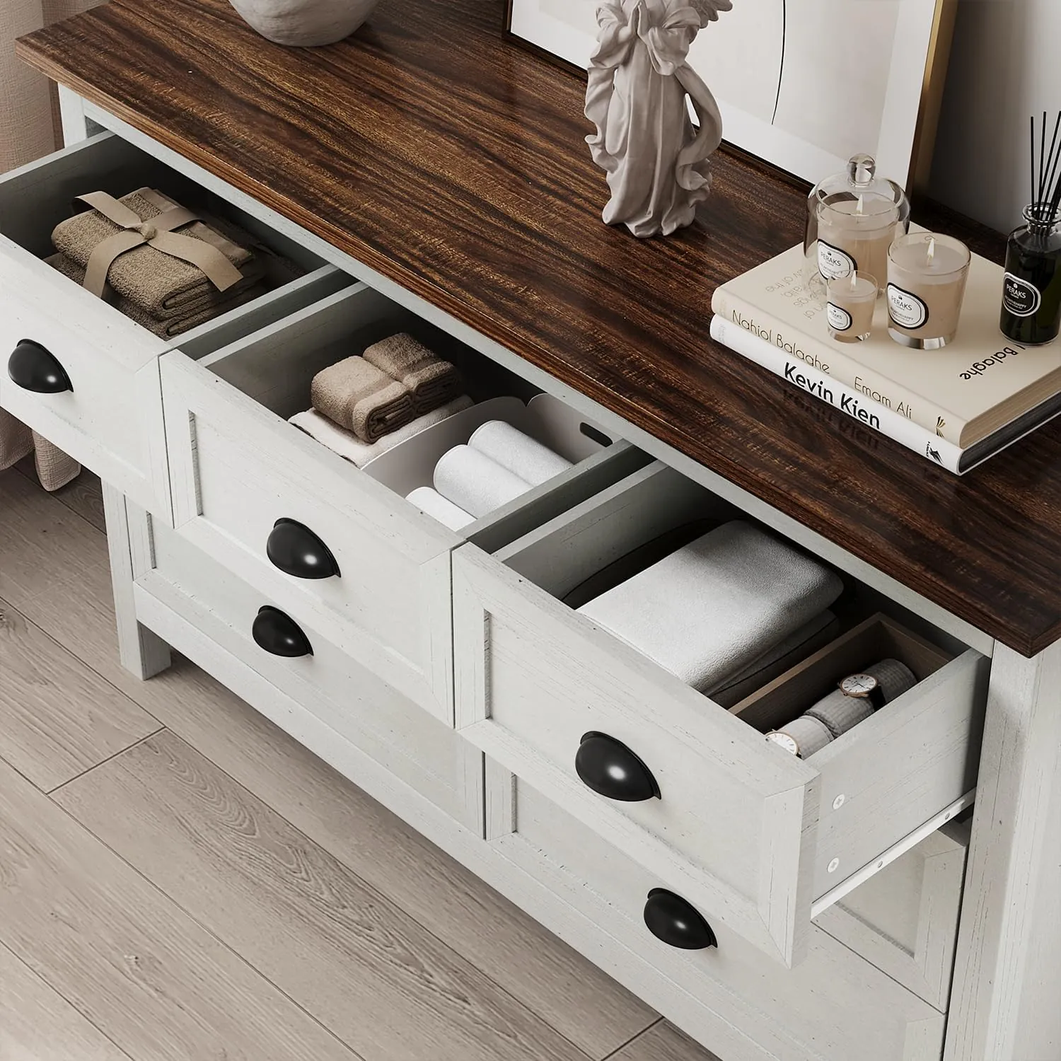 Farmhouse White Dresser for Bedroom, 7 Drawer Dresser with Vintage Black Handle, Wide Wood Dressers & Chests of Drawers for Hallway, Entryway, Antique White - Image 4