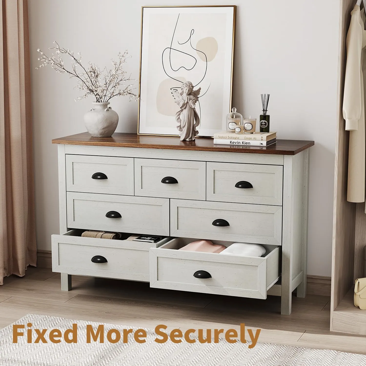 Farmhouse White Dresser for Bedroom, 7 Drawer Dresser with Vintage Black Handle, Wide Wood Dressers & Chests of Drawers for Hallway, Entryway, Antique White - Image 5