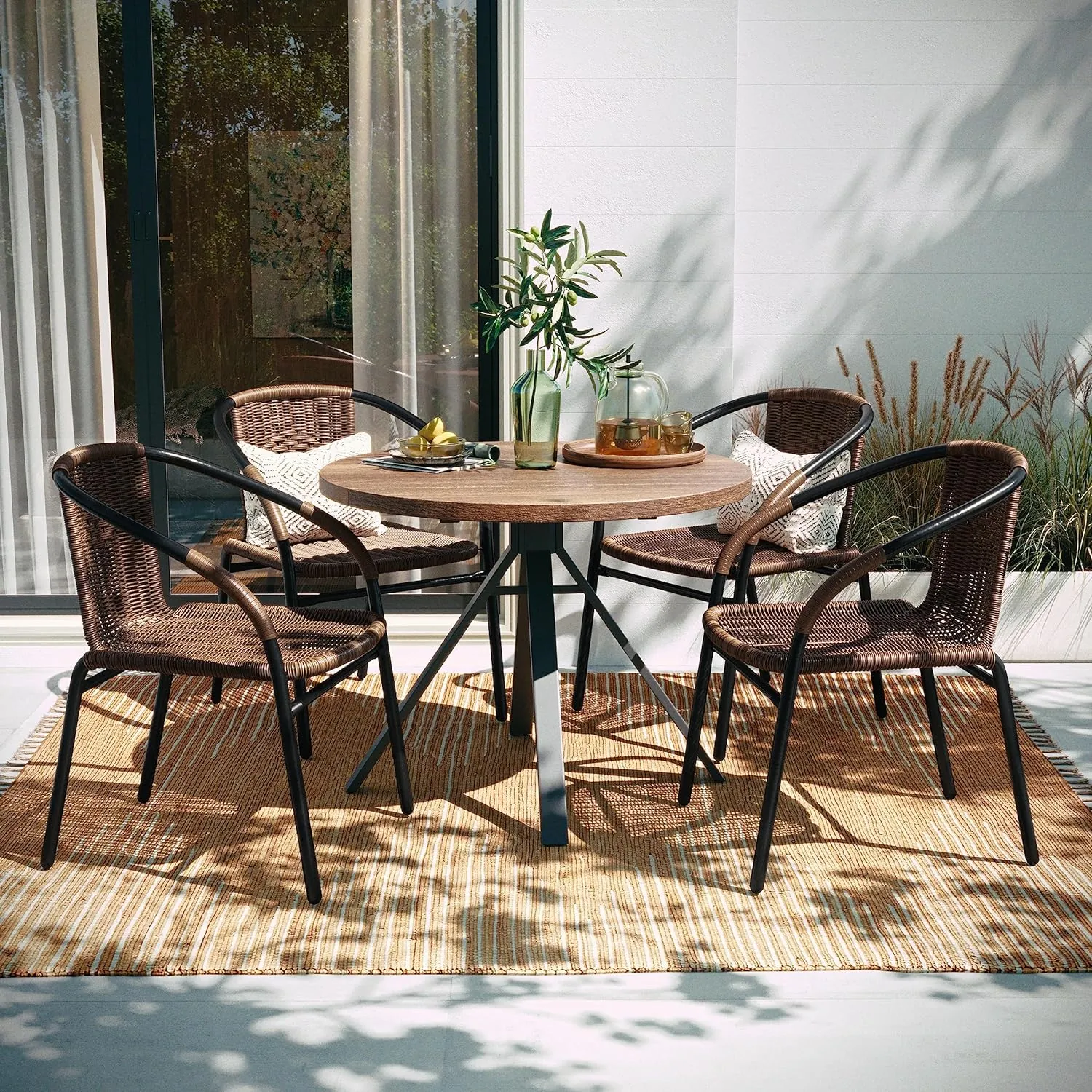 Flash Furniture Lila Modern Rattan Indoor/Outdoor Stackable Dining Chairs, Stacking Rattan Bistro Chairs for Patio or Restaurant, Set of 4, Brown - Image 2