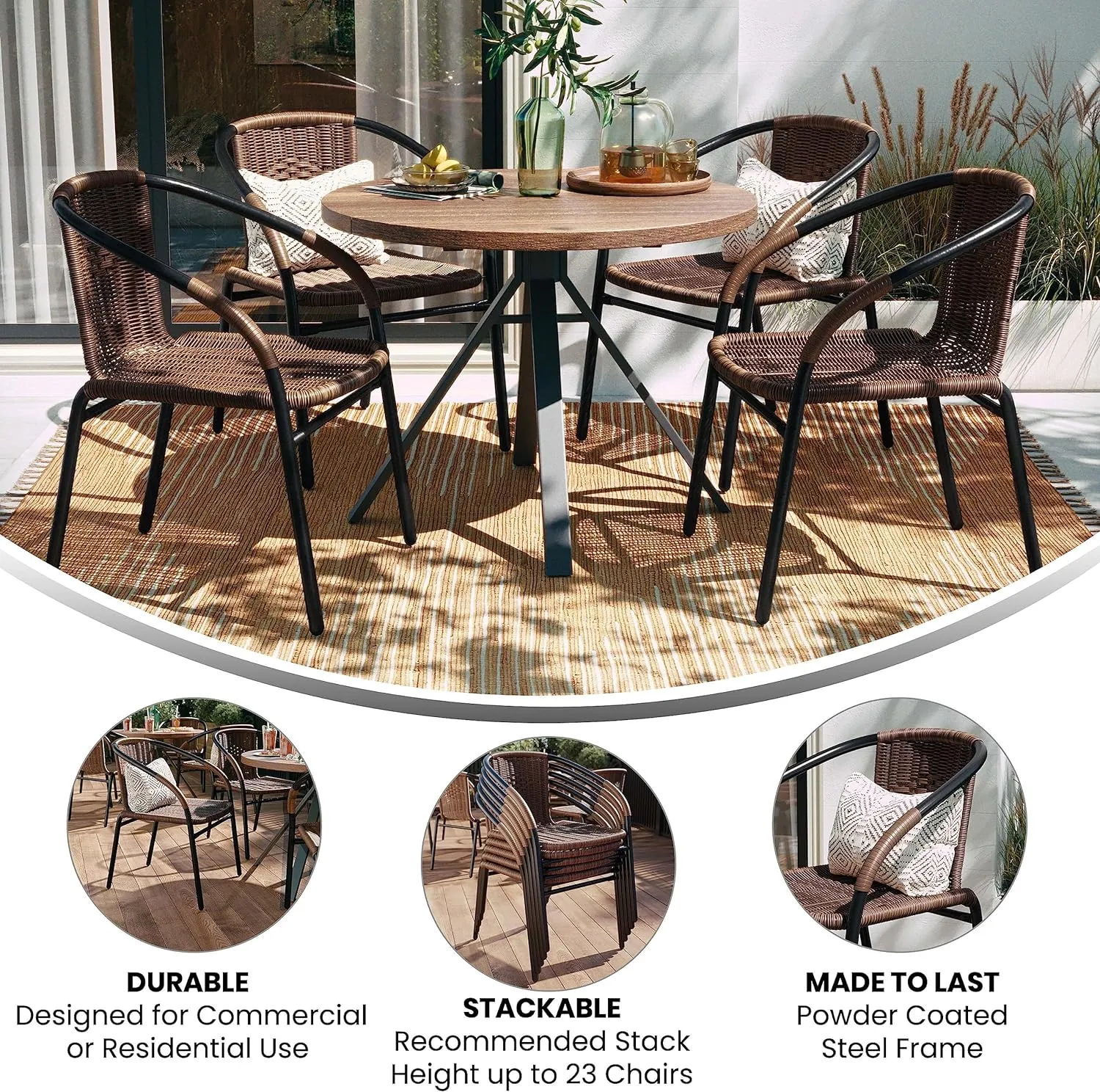 Flash Furniture Lila Modern Rattan Indoor/Outdoor Stackable Dining Chairs, Stacking Rattan Bistro Chairs for Patio or Restaurant, Set of 4, Brown - Image 3