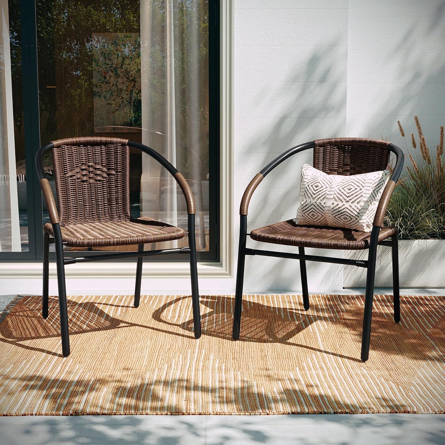 Flash Furniture Lila Modern Rattan Indoor/Outdoor Stackable Dining Chairs, Stacking Rattan Bistro Chairs for Patio or Restaurant, Set of 4, Brown - Image 7
