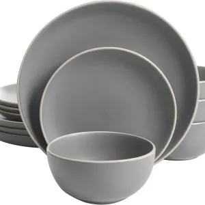Gibson Home Rockaway 12-Piece Dinnerware Set Service for 4, Grey Matte -