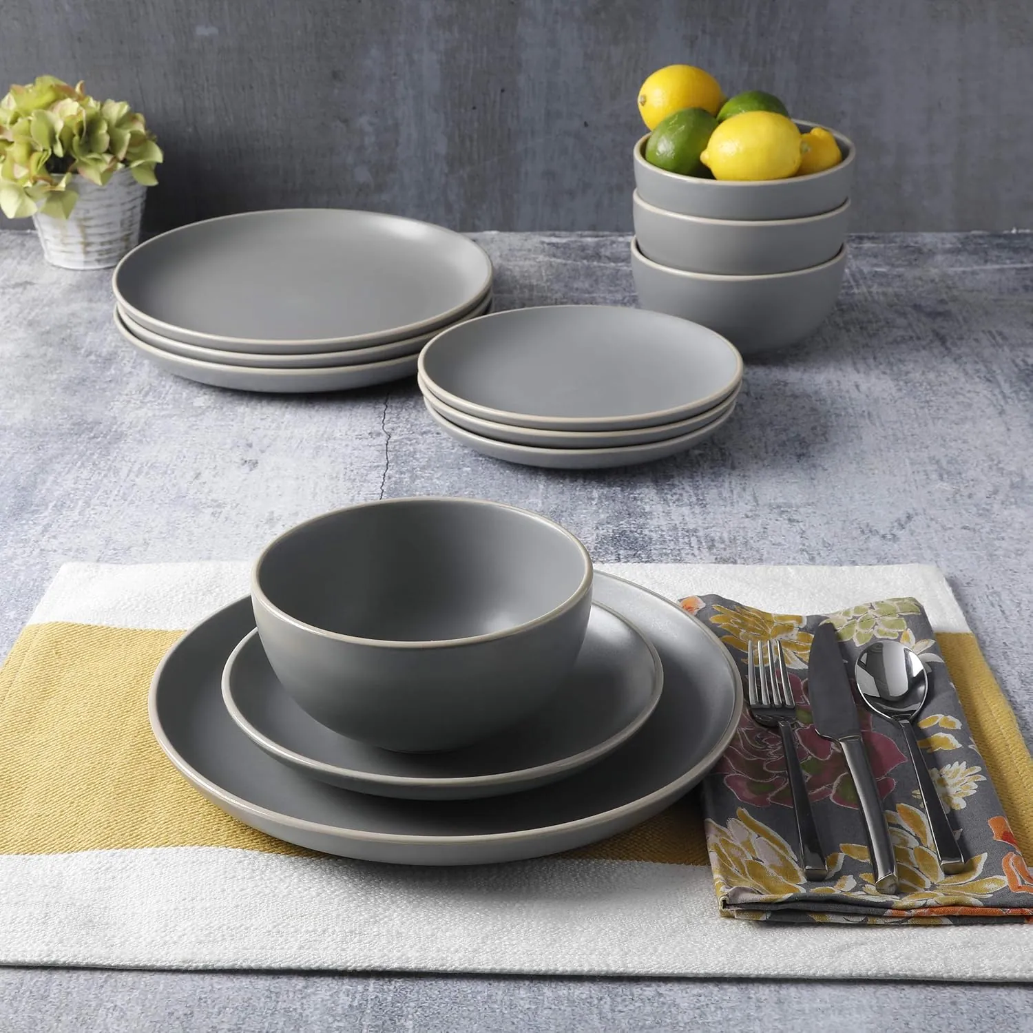 Gibson Home Rockaway 12-Piece Dinnerware Set Service for 4, Grey Matte - - Image 2